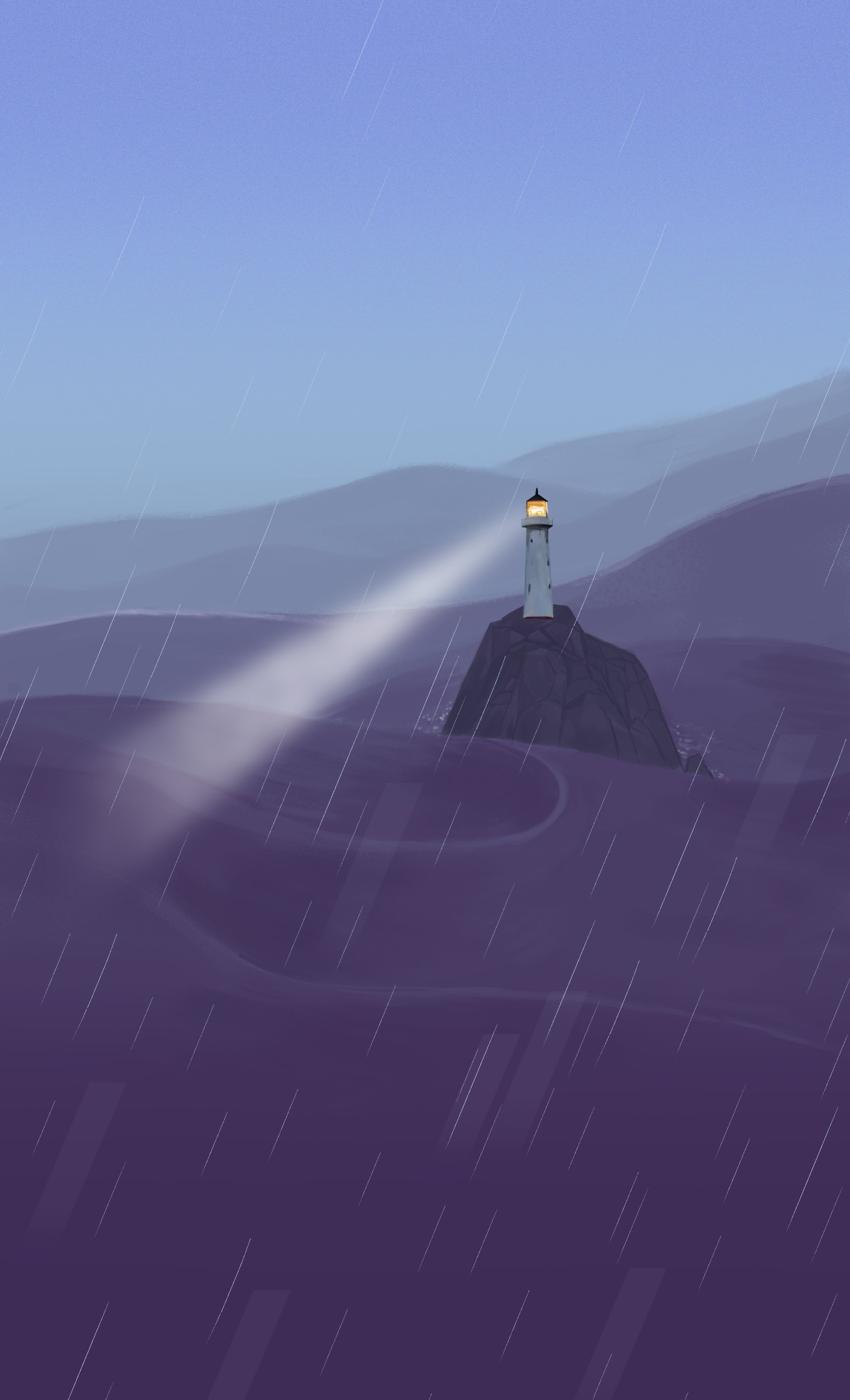 超现实主义暴风雨中的灯塔下雨中灯光风暴背景插画