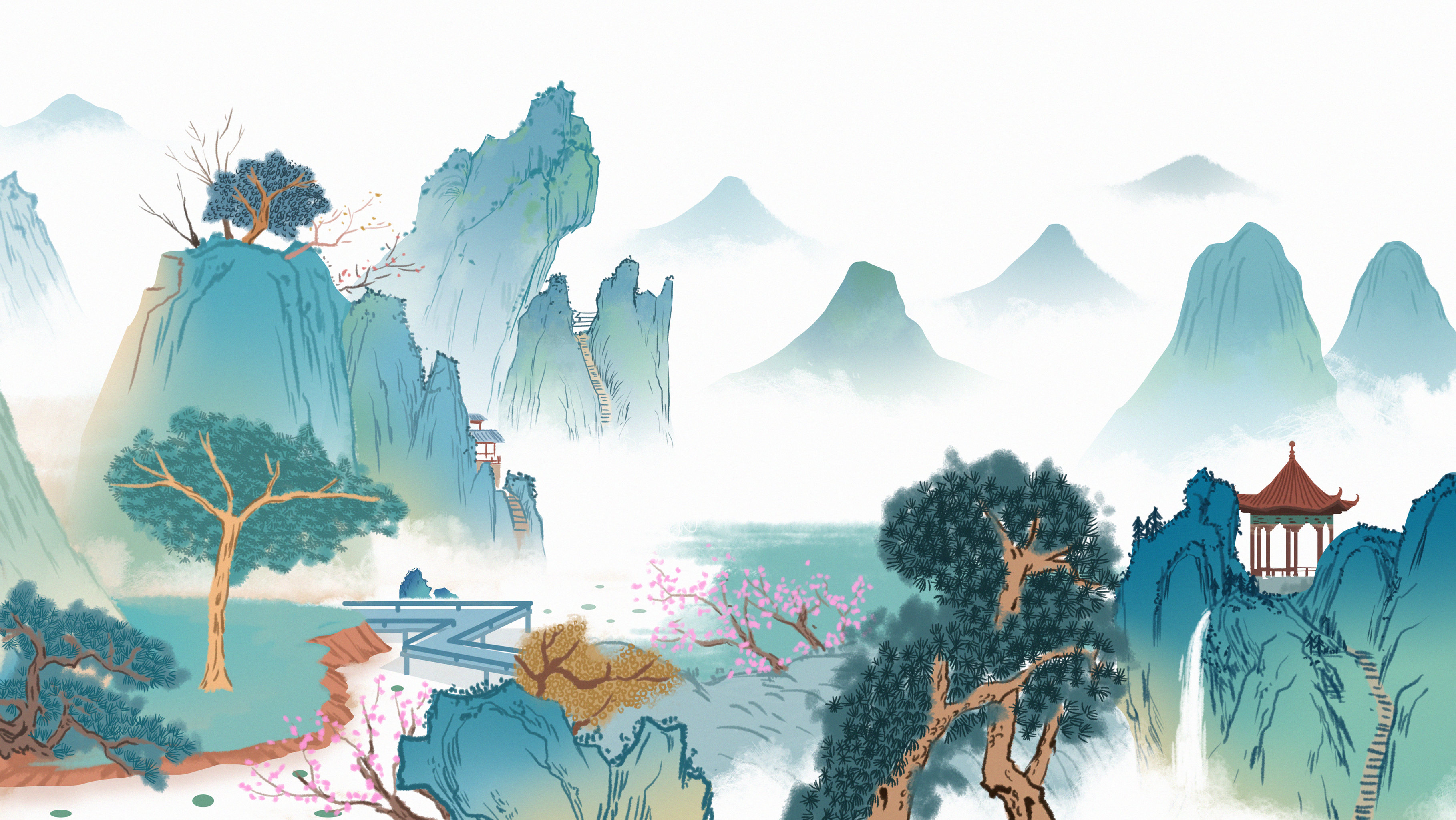 中国风青绿山水国潮中国画山水插画