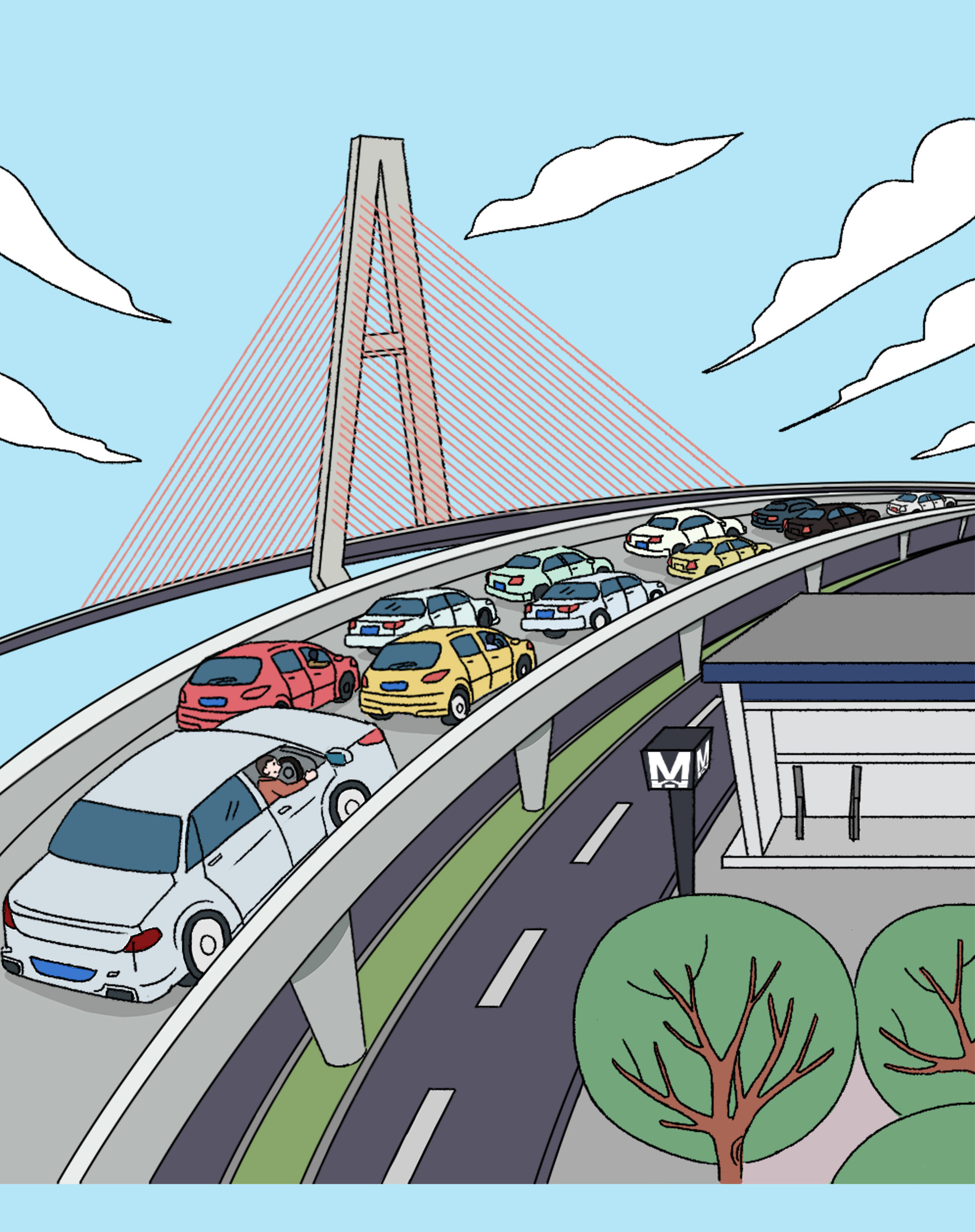 立交桥堵车小汽车桥面公路秩序插画 - 牛牛油果子