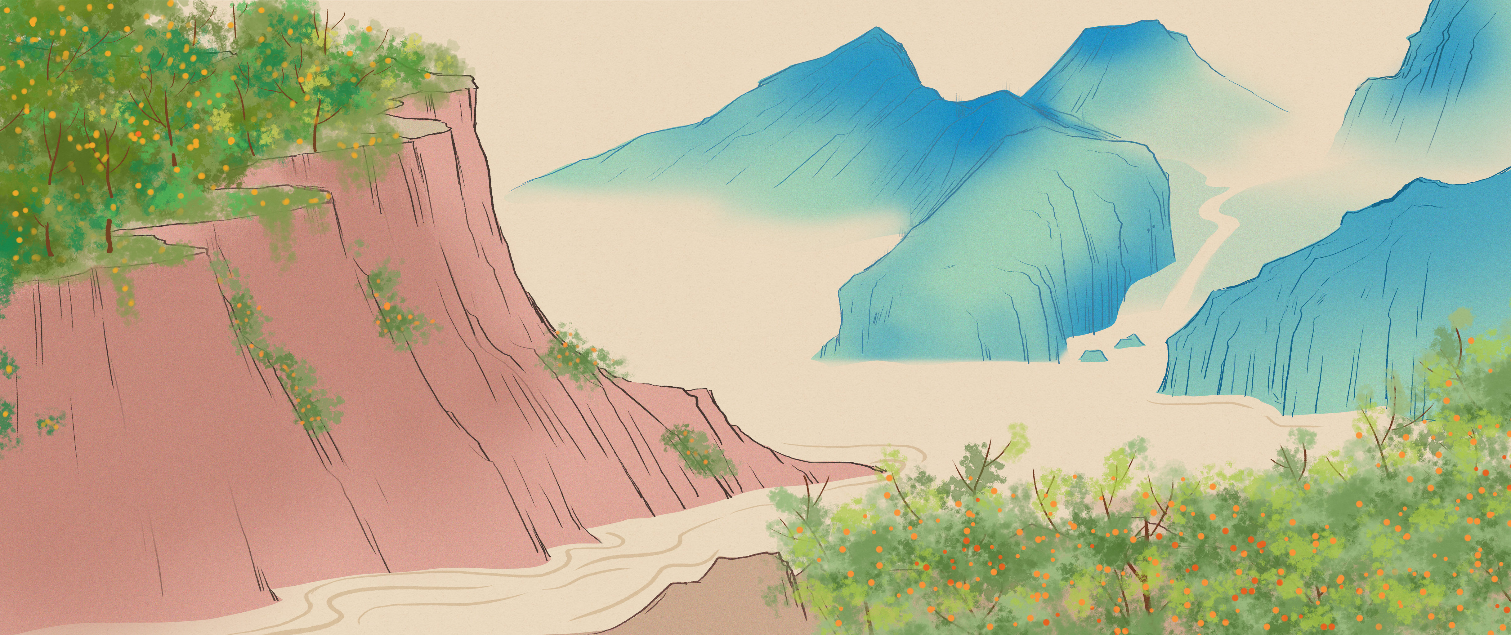 中国风新中式长江三峡宜昌秋天橘子成熟青绿山水画背景插画