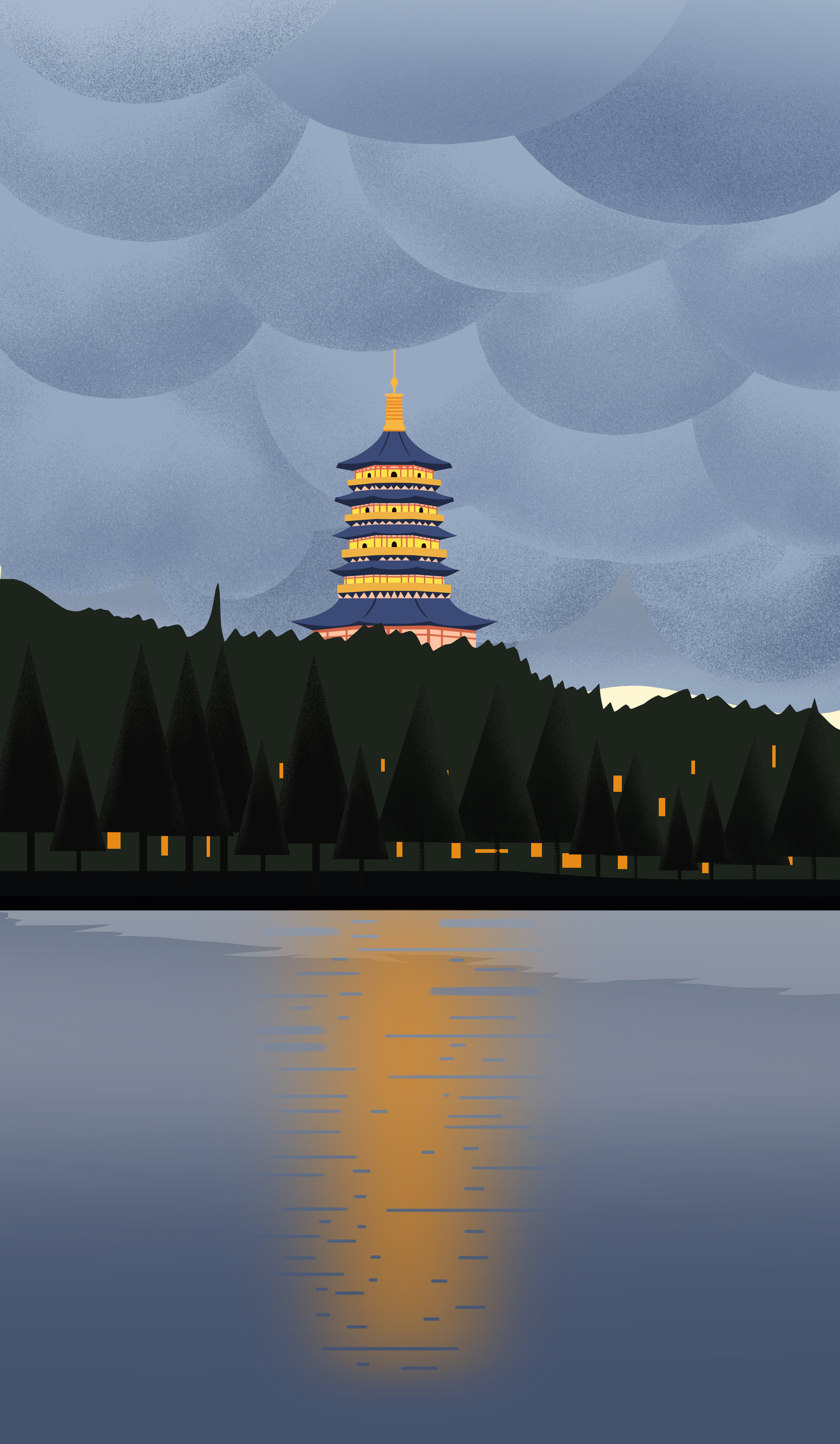 扁平风夜景浙江杭州西湖美景傍晚旅游城市雷峰塔背景地标插画