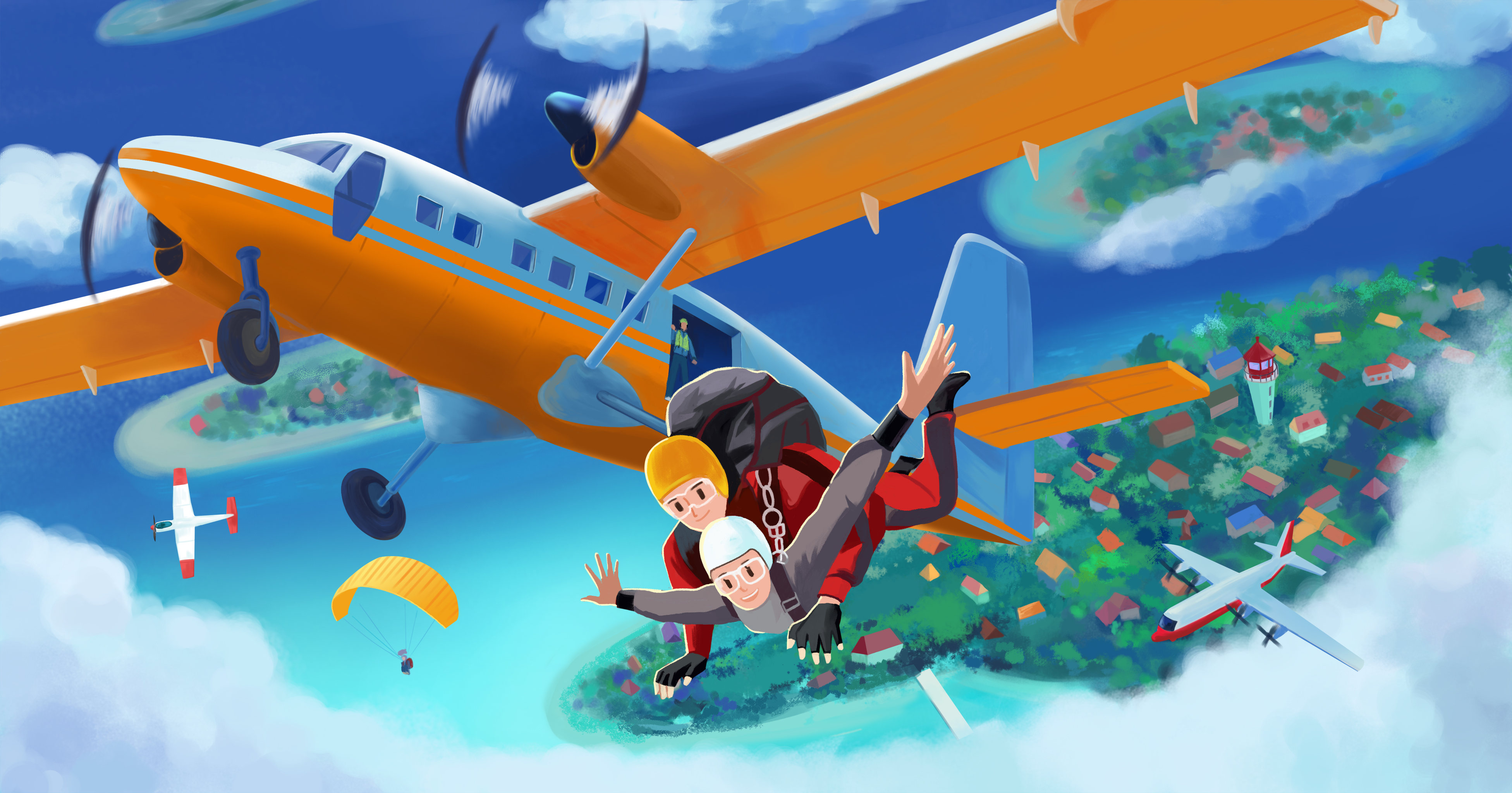 浪漫情侣旅行跳伞天空飞行插画