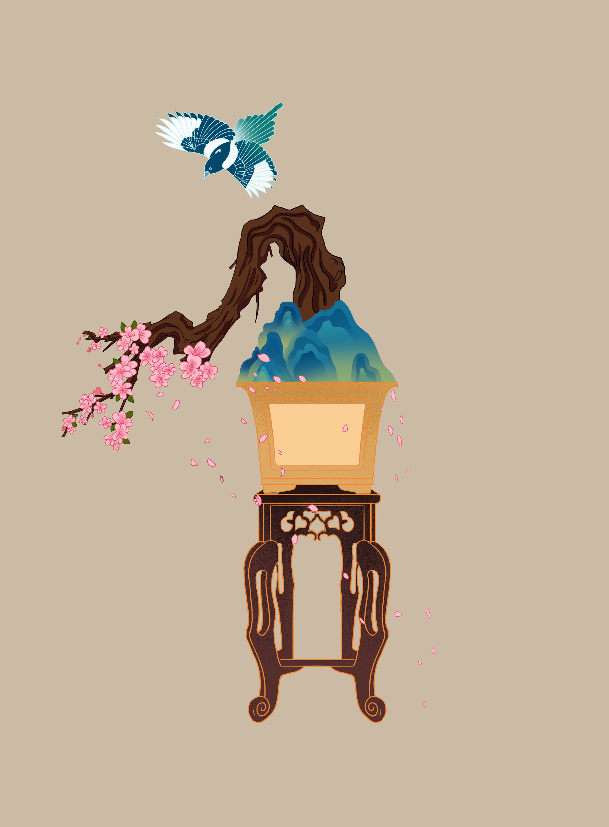 中国风传统青绿山水画中国文化古风盆景梅花喜鹊背景插