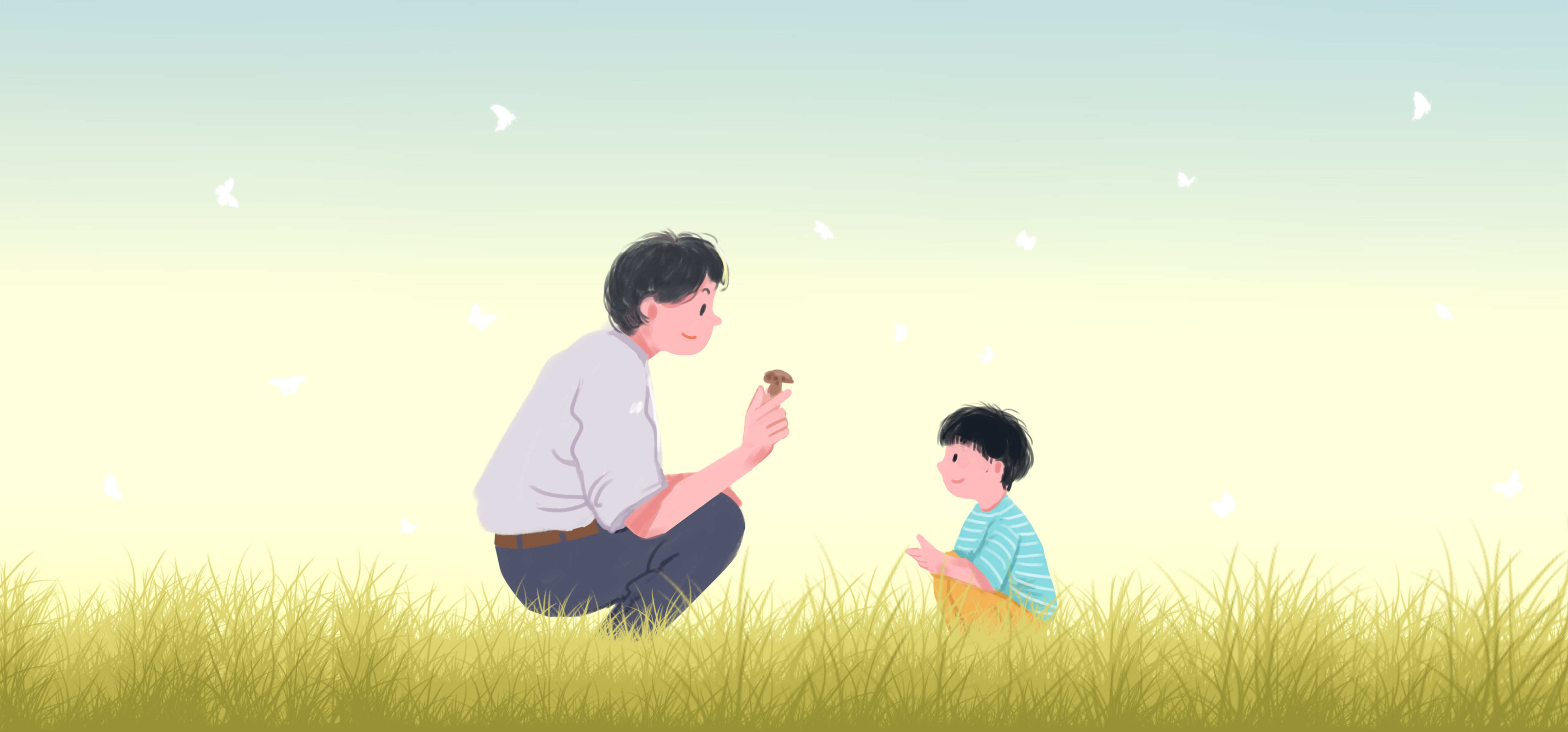 亲子互动父亲节爸爸孩子户外体验生活方式温馨插画