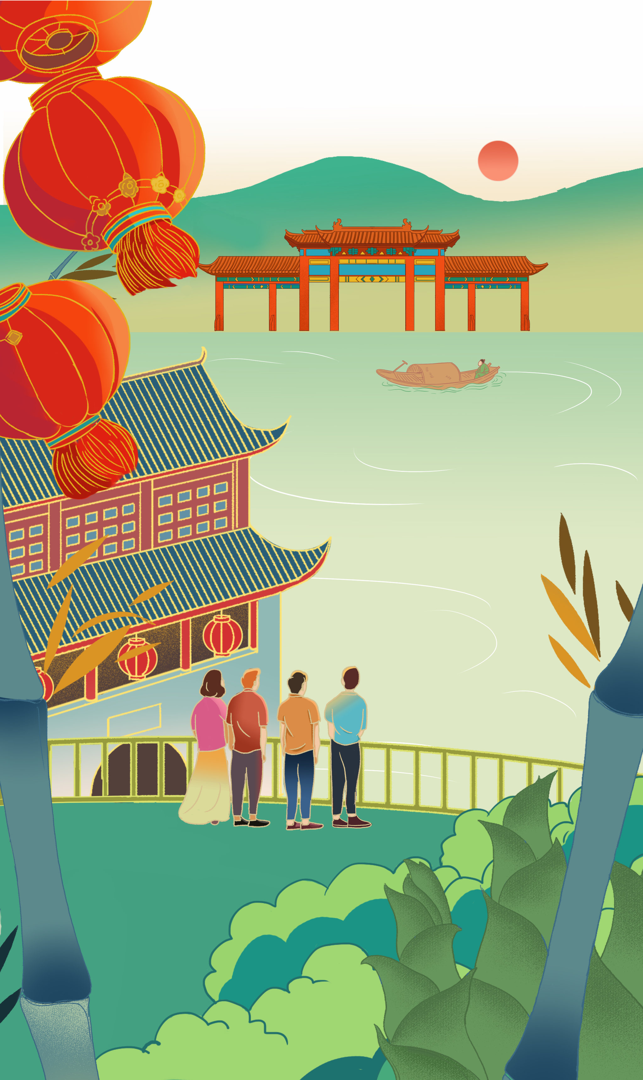 中国风新中式古风旅游城市亭台楼阁中国画青绿山水画俯瞰美景插画