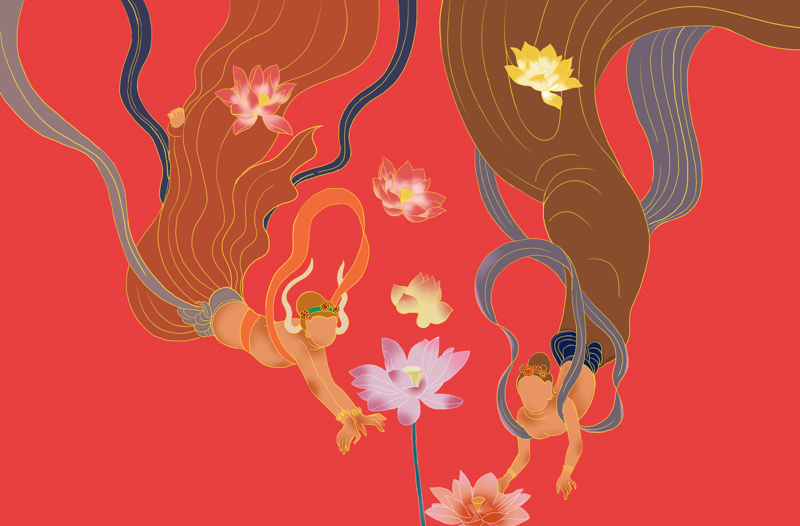 中国风古代传统绘画艺术敦煌莫高窟飞天仙女仕女莲花古风背景插画