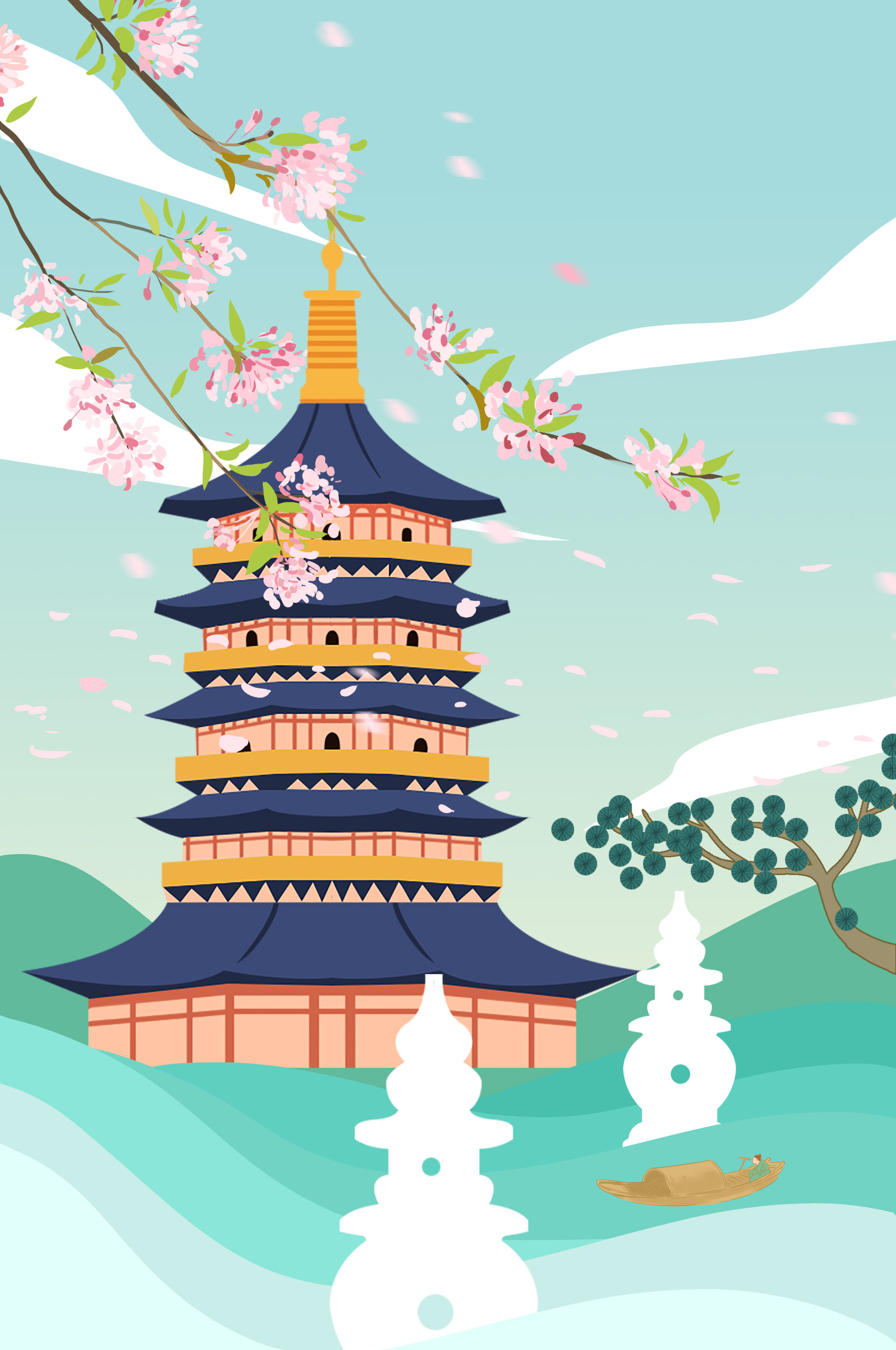 中国风新中式古风中国画青绿山水画国潮杭州西湖雷峰塔风景插画