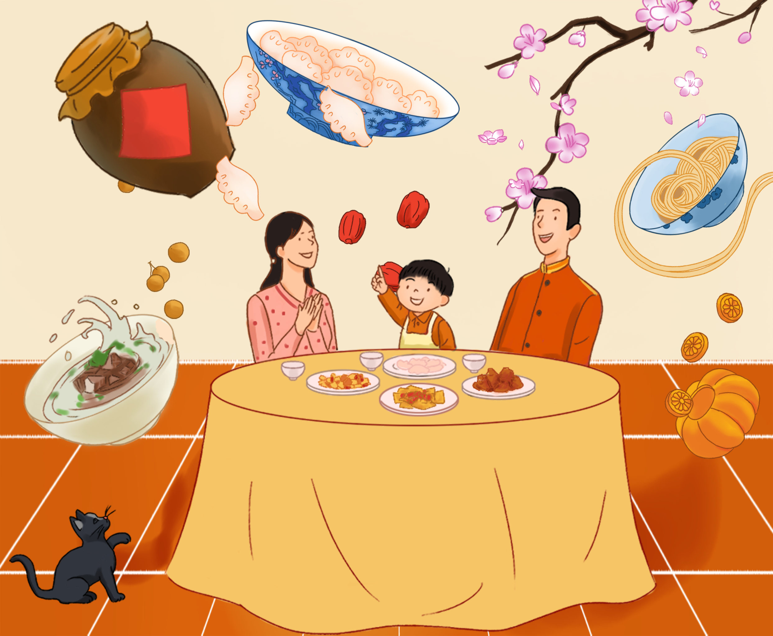中国风新年新春过年大年三十除夕一家人团圆吃年夜饭温馨家庭插画