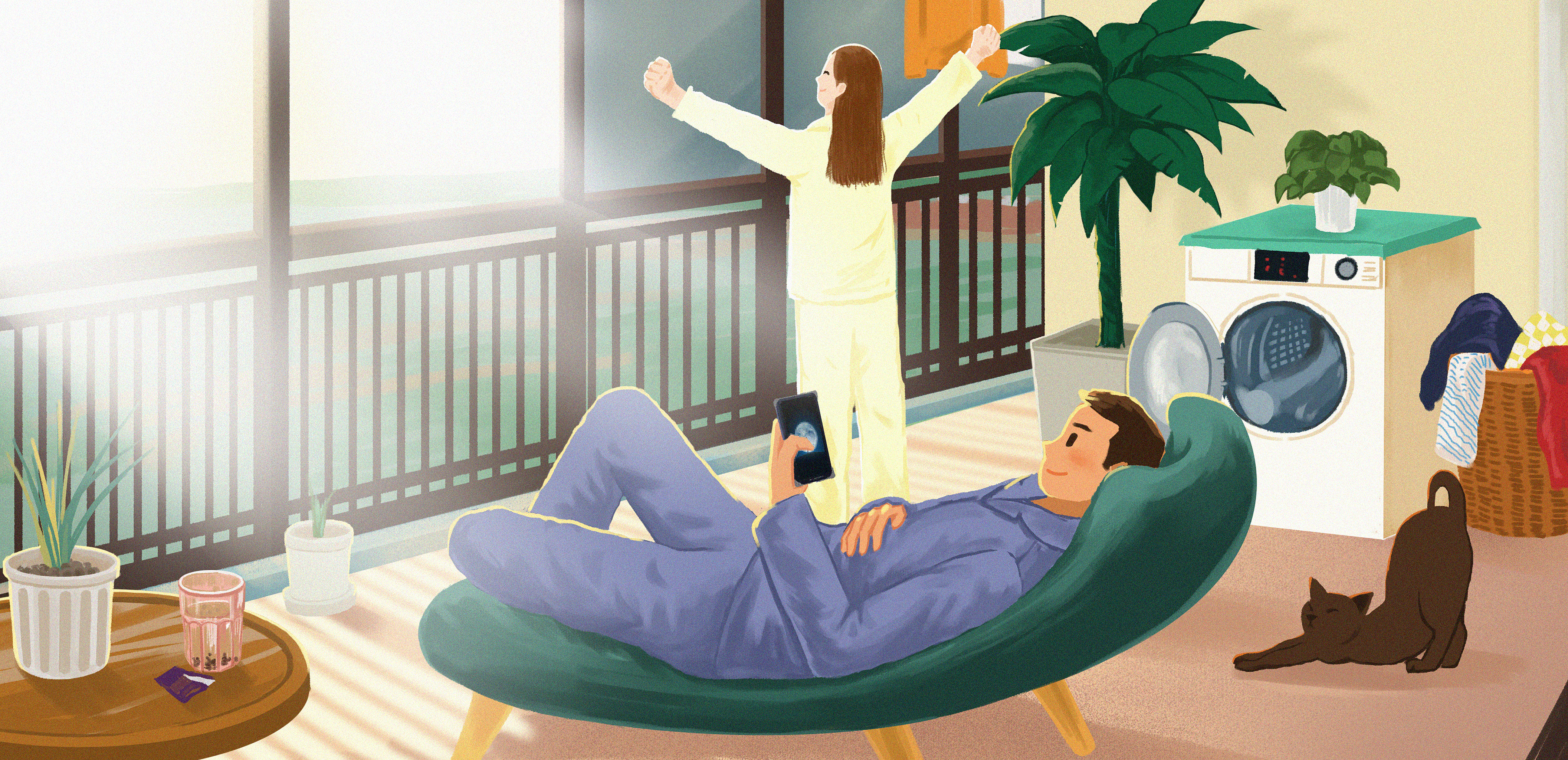 情侣生活浪漫温馨早晨唯美插画