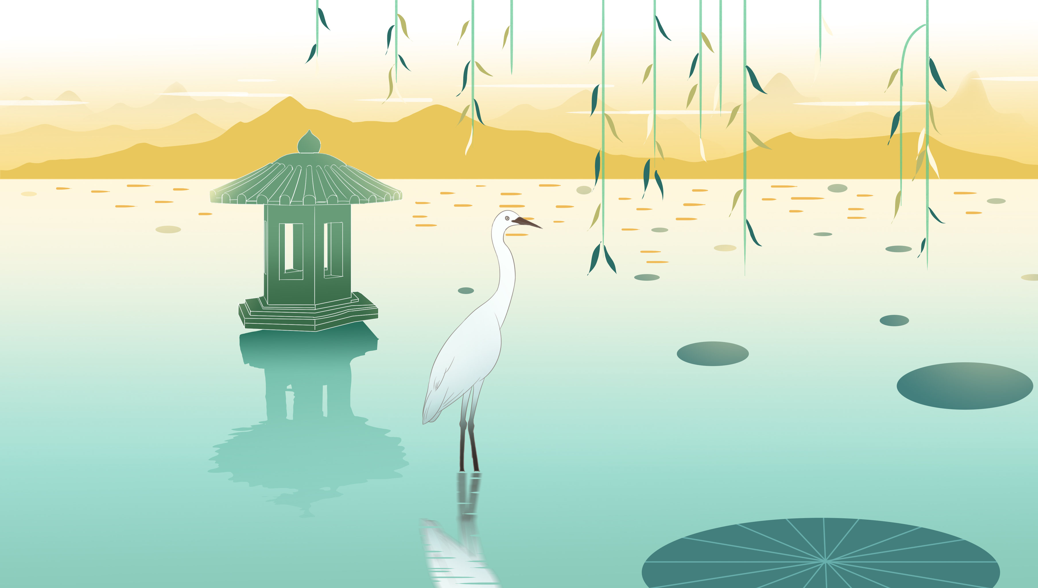 中国风国家地理旅游城市西湖风景清晨节日节气白露古风背景插画