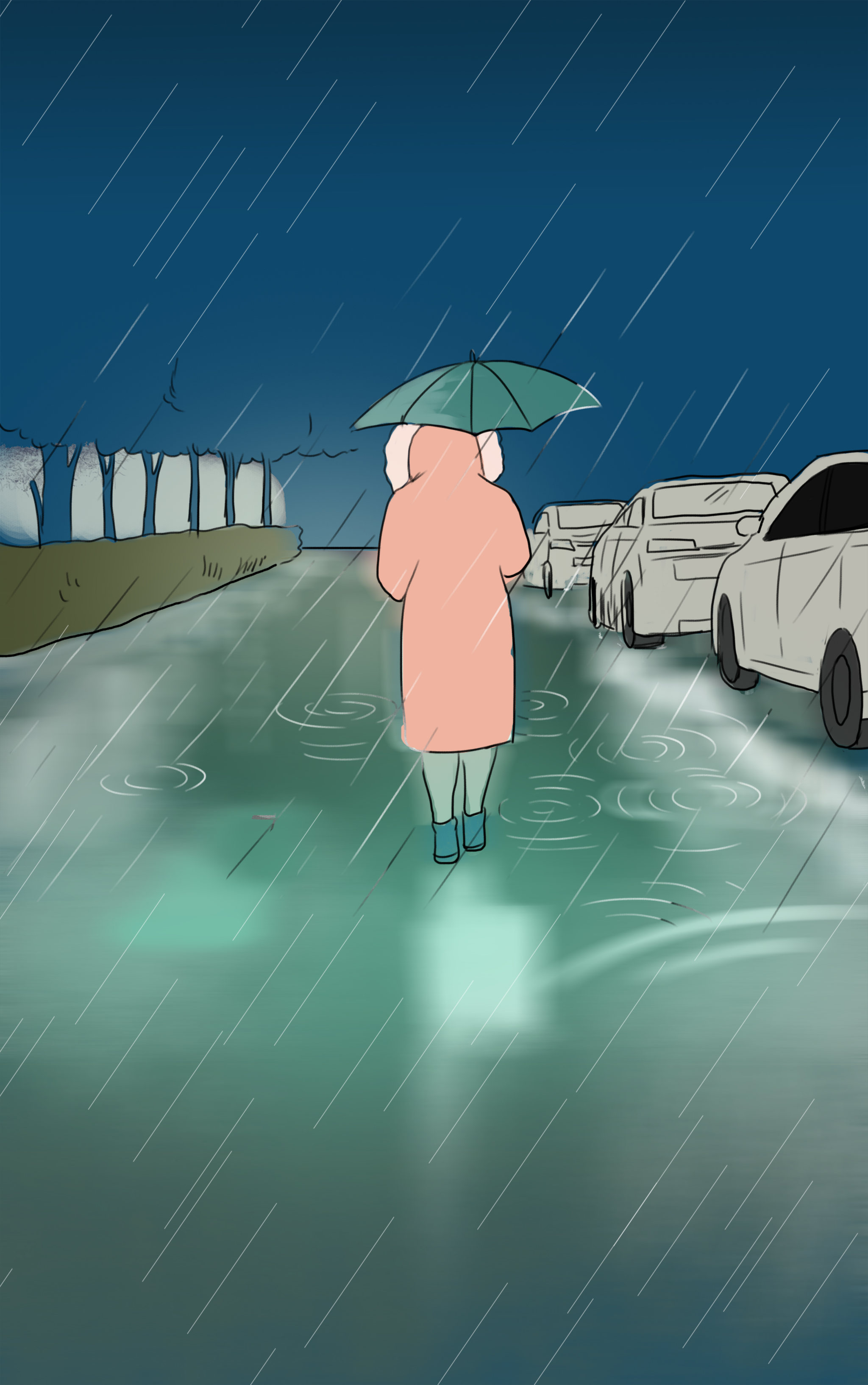孤独女人深夜冬天雨天行走伤感插画