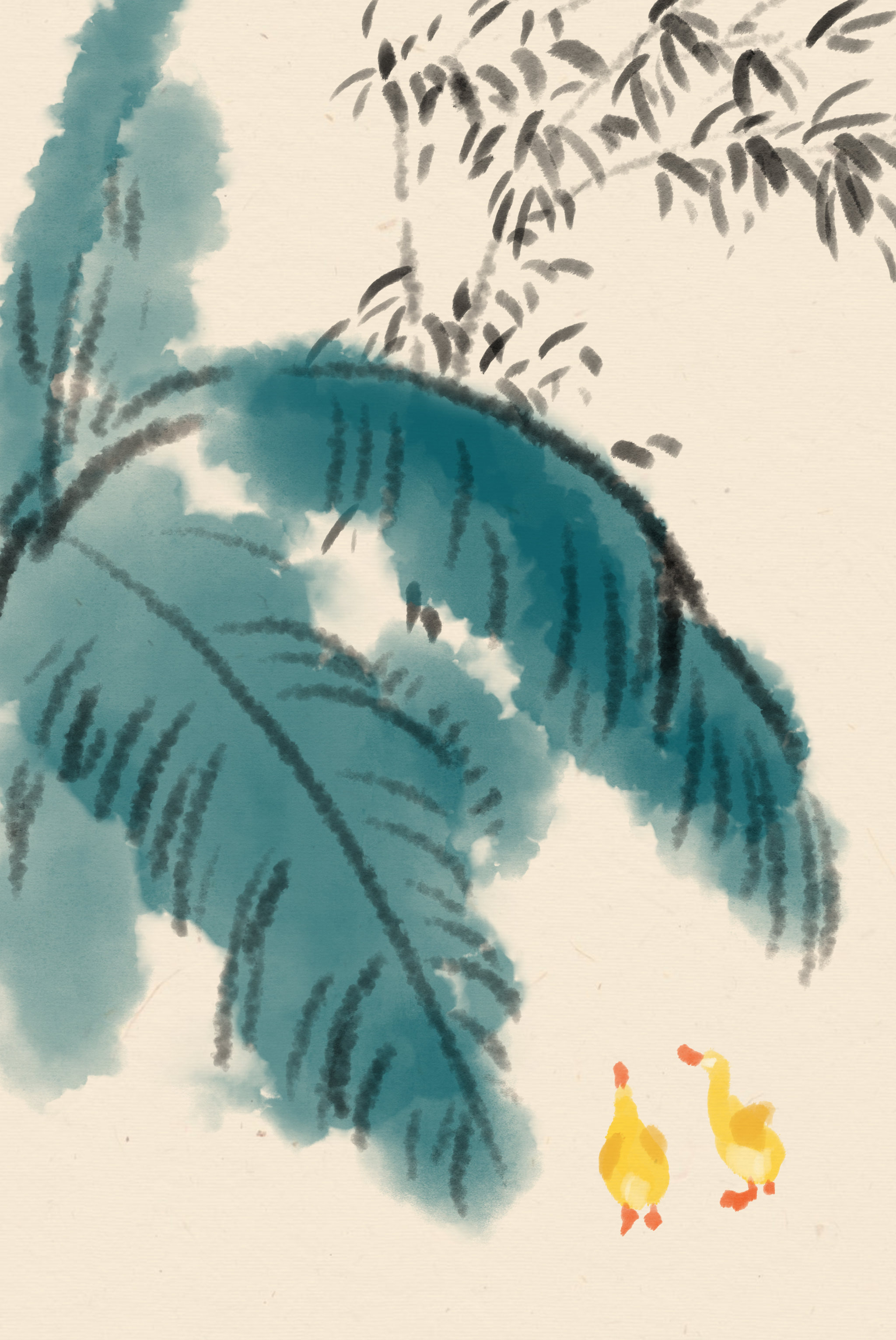 中国风田园风农村乡下芭蕉叶下小鸭子生活方式情趣插画