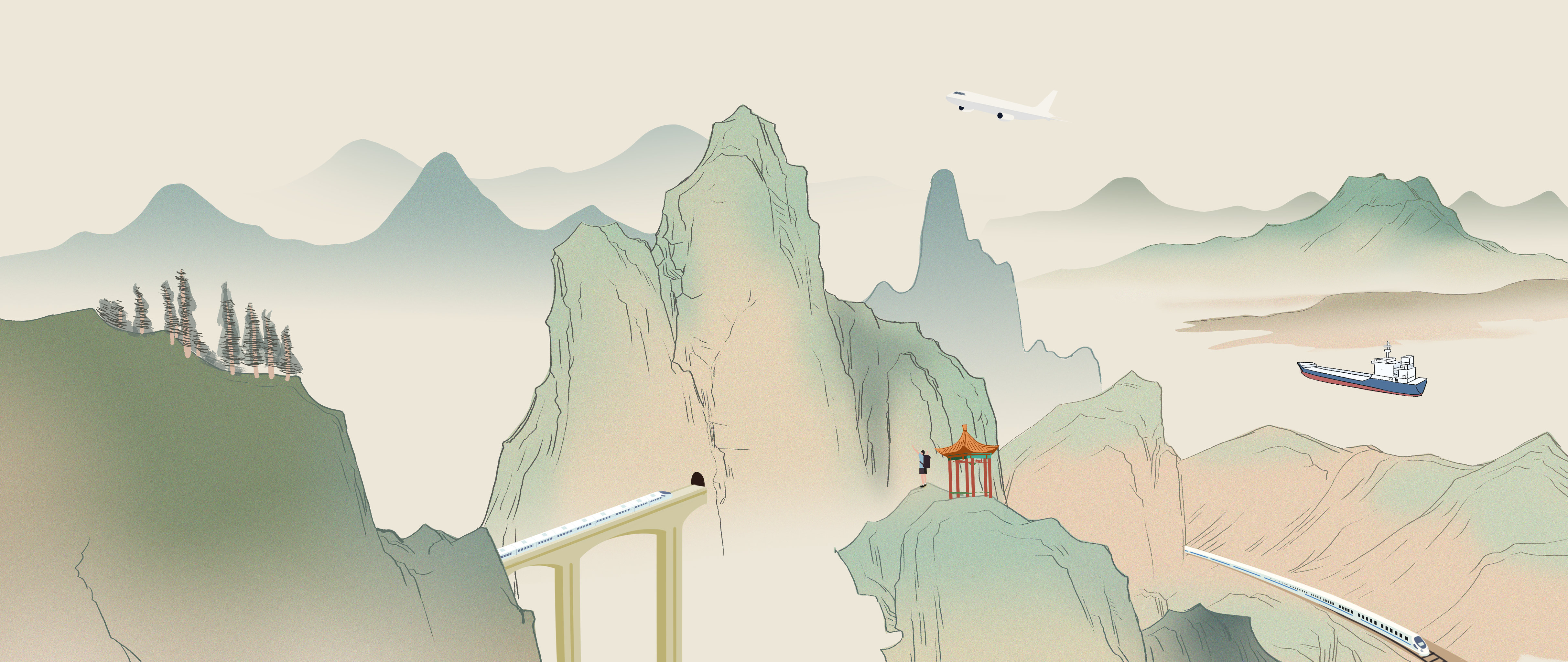 中国风新中式复古中国画青绿山水画中国基建交通枢纽旅游火车插画