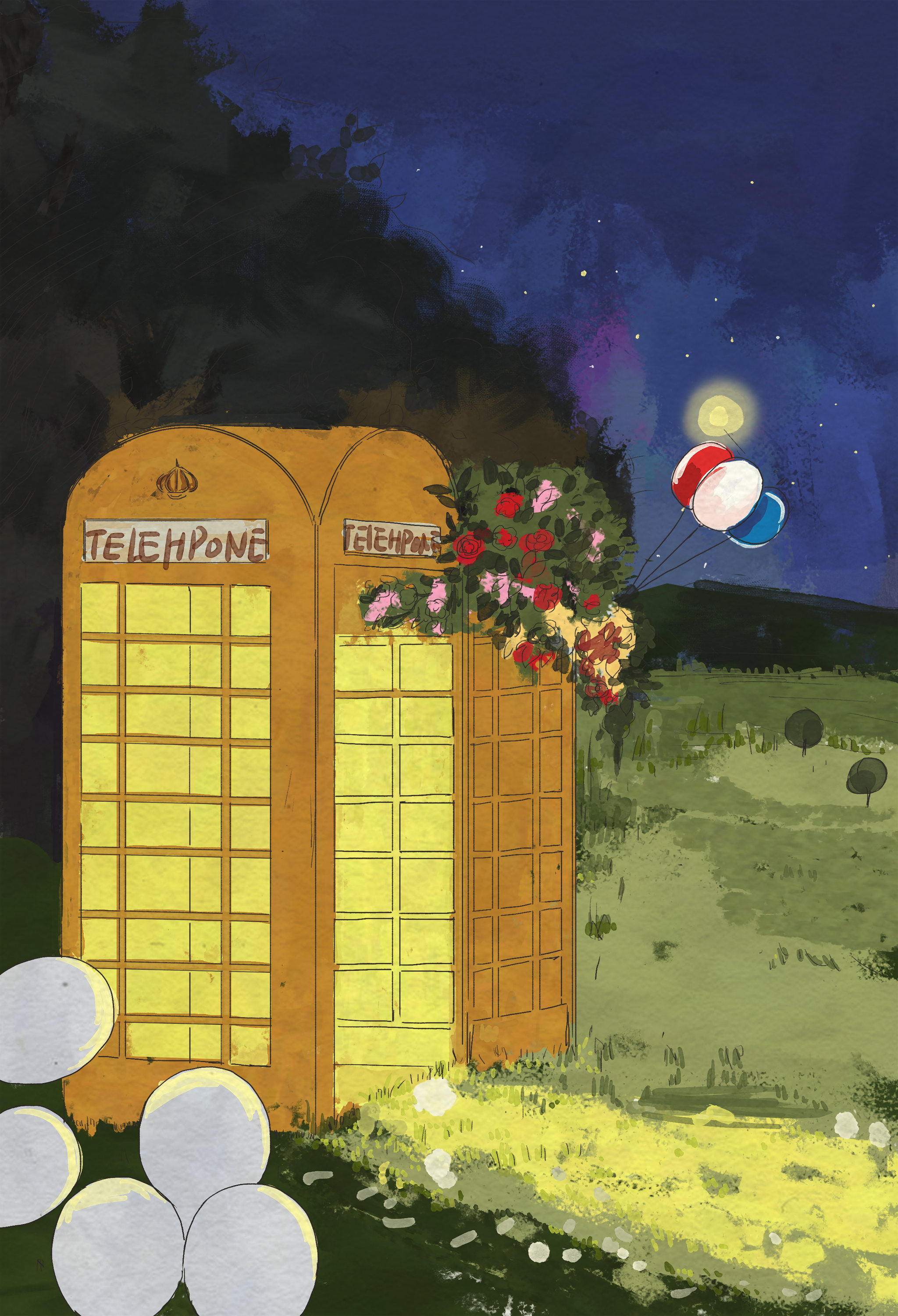 夜晚电话亭神秘氛围图书配图商业插画