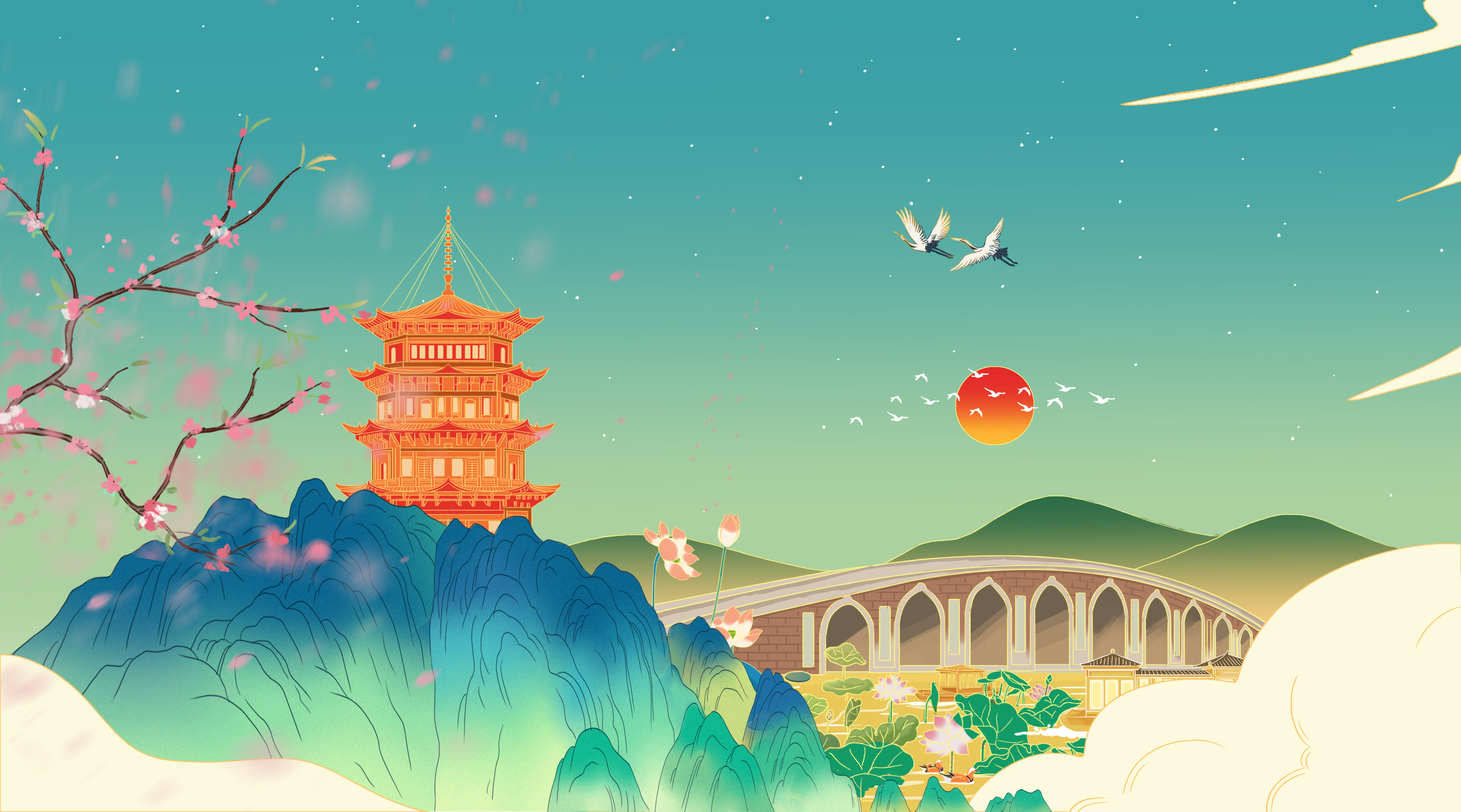 中国风新中式中国画青绿山水画杭州西湖雷峰塔风景区古风插画