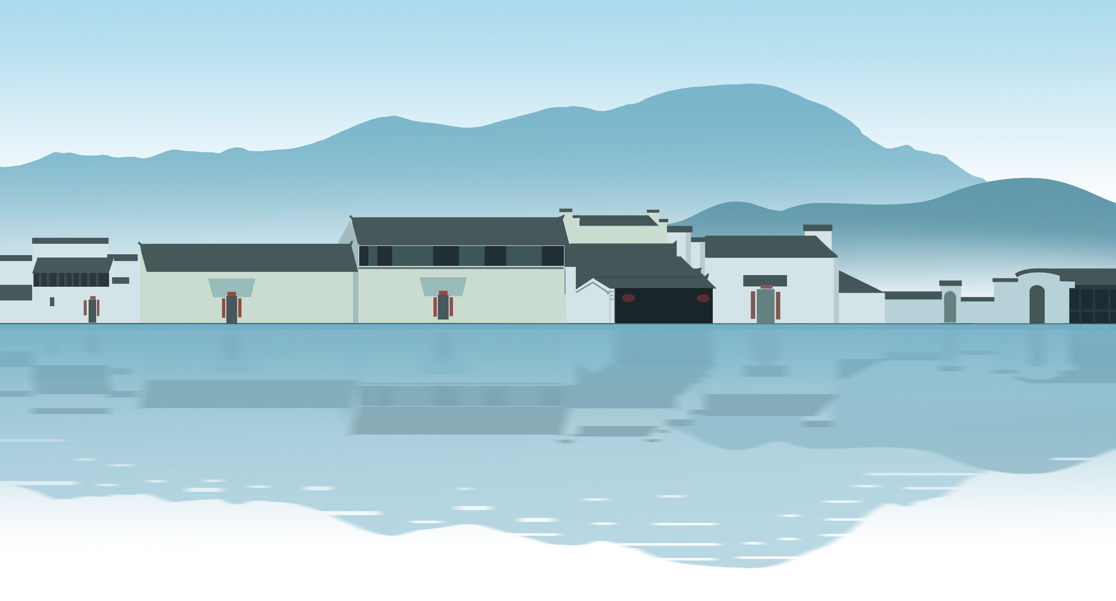 扁平风中国传统民居徽派古建筑水墨山水画水乡农村背景意境插画