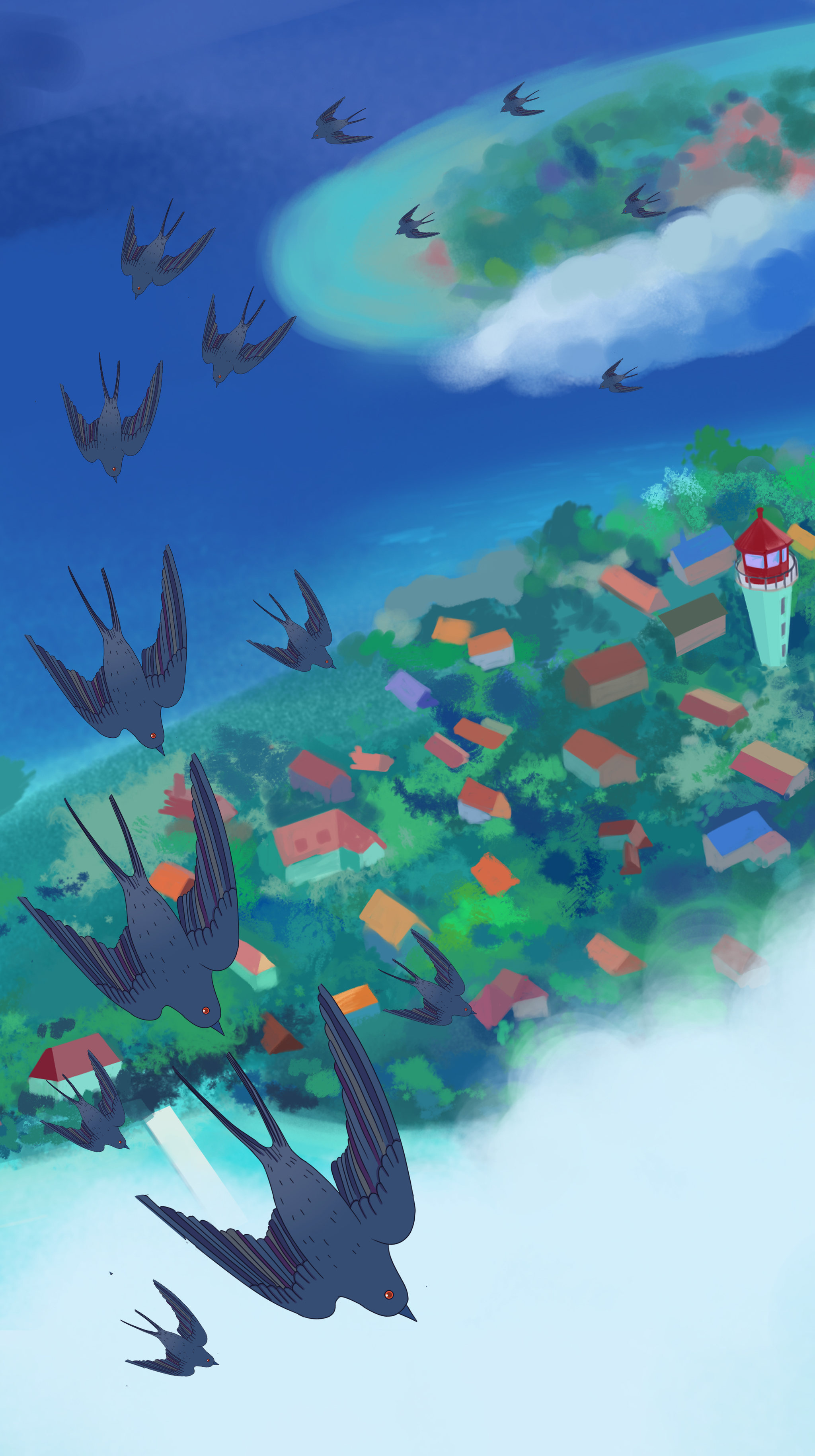 童话世界自由海岛向往生活方式旅行俯瞰大海鸟飞行插画