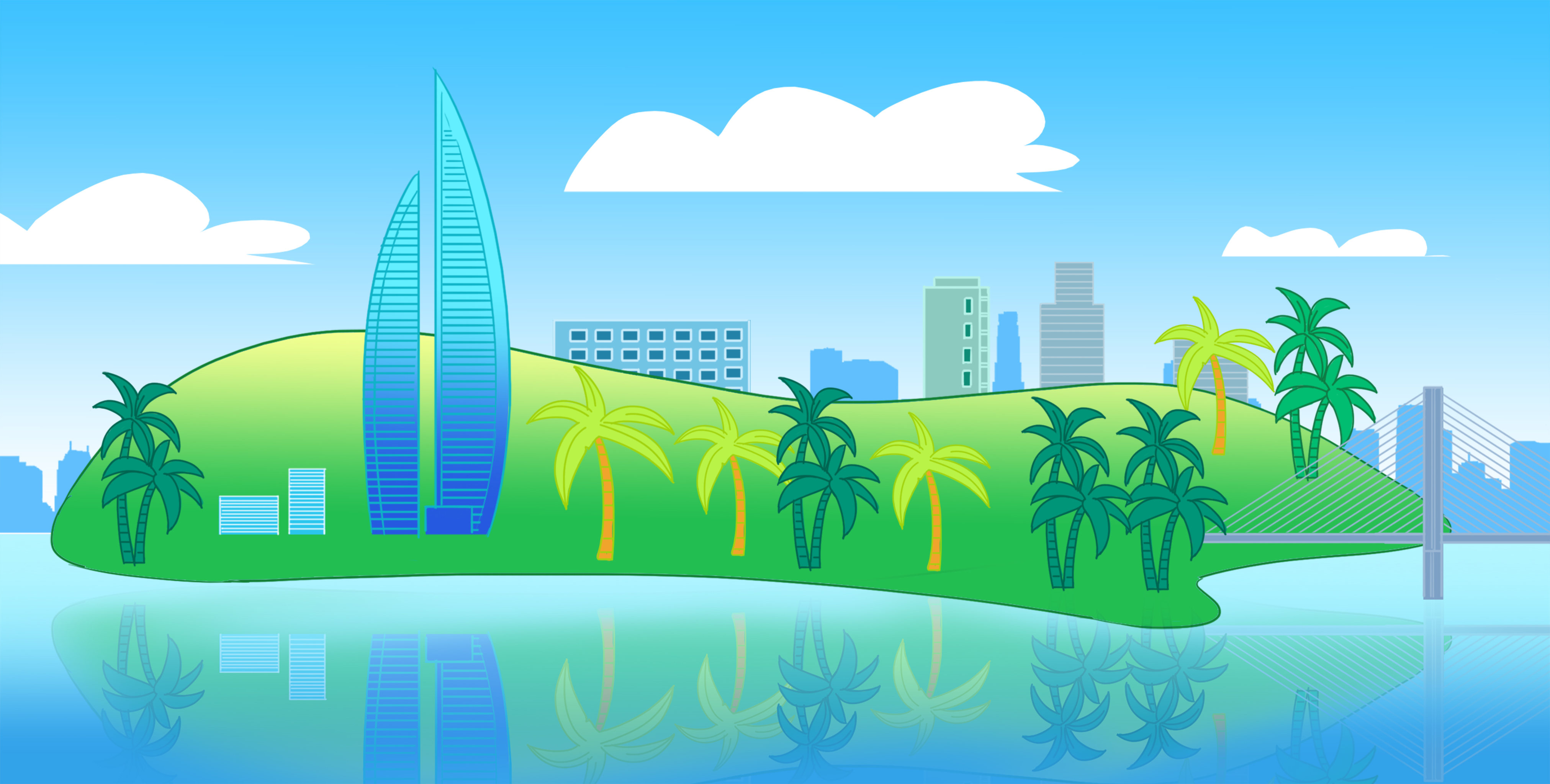 海滨城市建筑沿海大都市大厦旅游旅行海边背景海岛插画