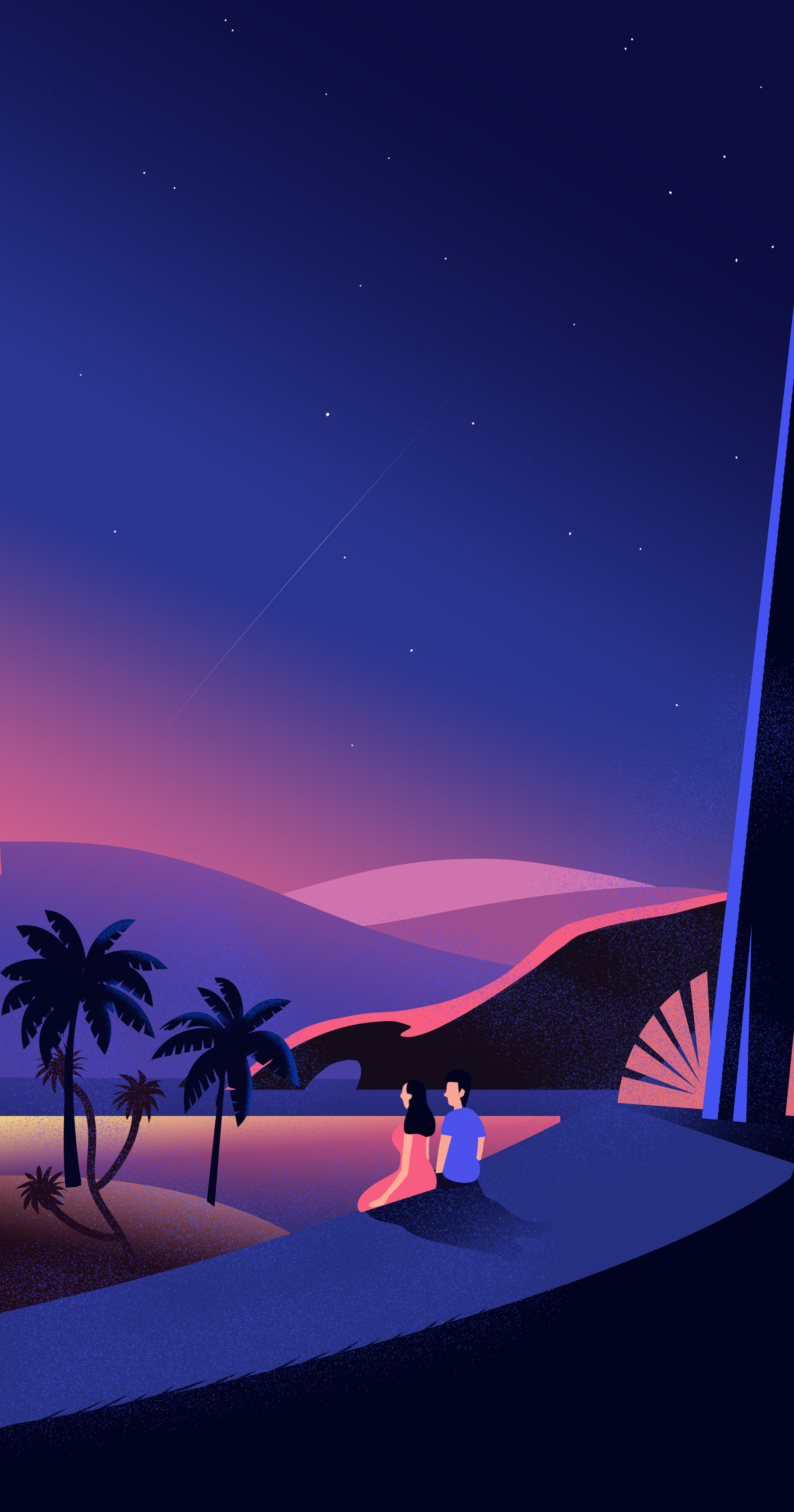 扁平风夜景七夕情人节看流星雨浪漫唯美小清新情侣看风景插画