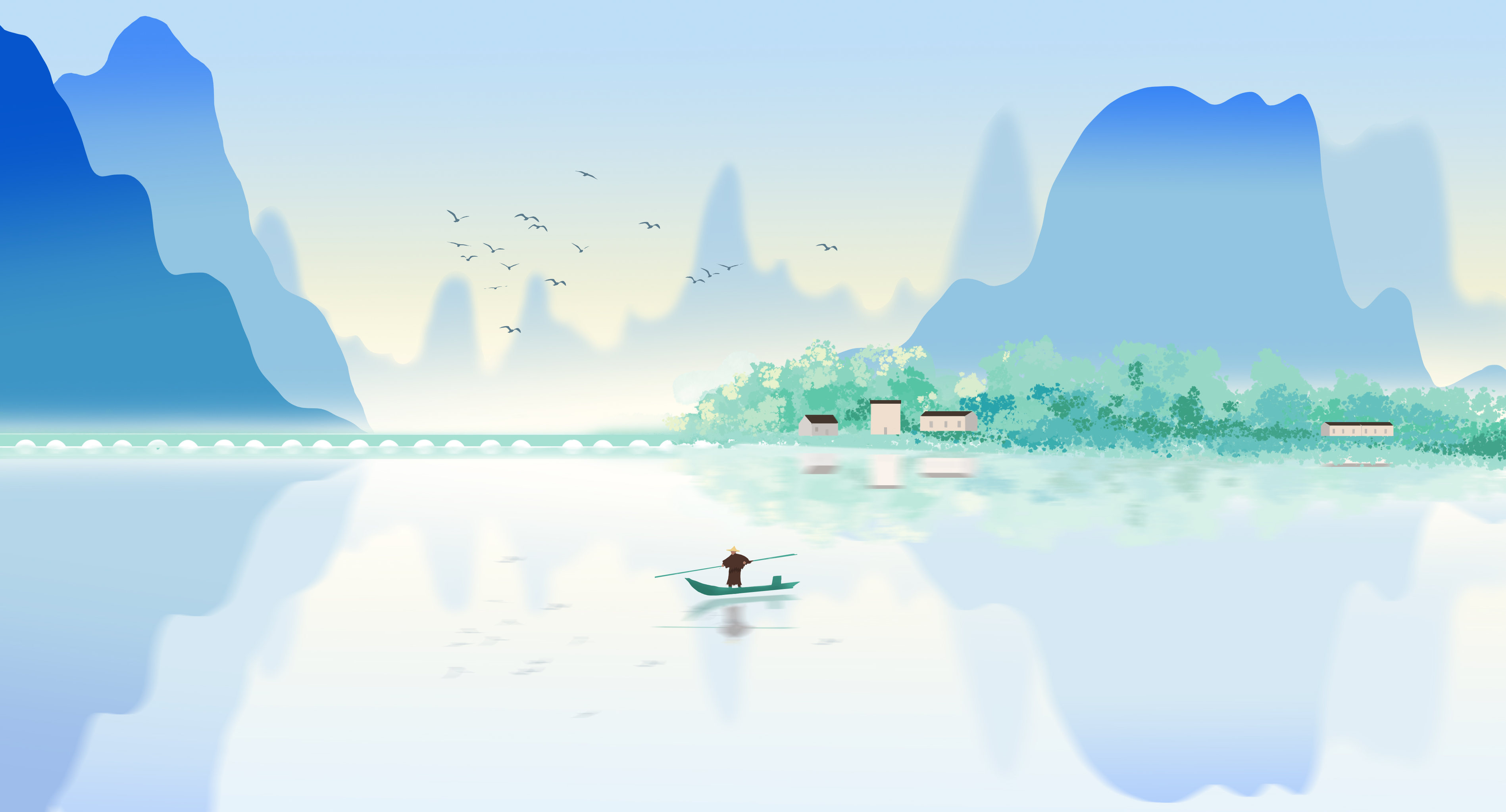 中国风田园风光青绿山水画国家地理江南水乡世外桃源桂林背景插画