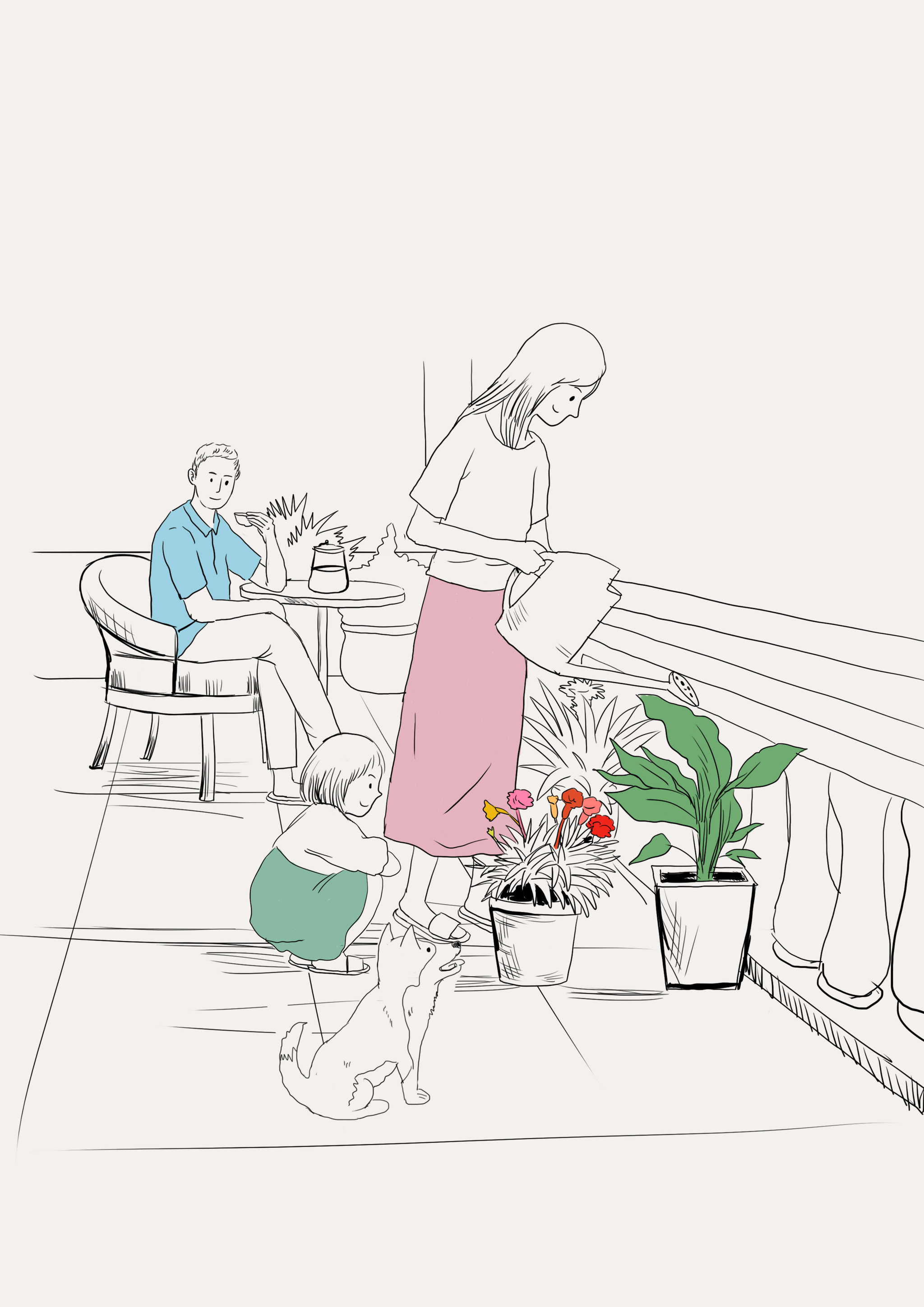 一家三口在家阳台休息温馨家庭插画