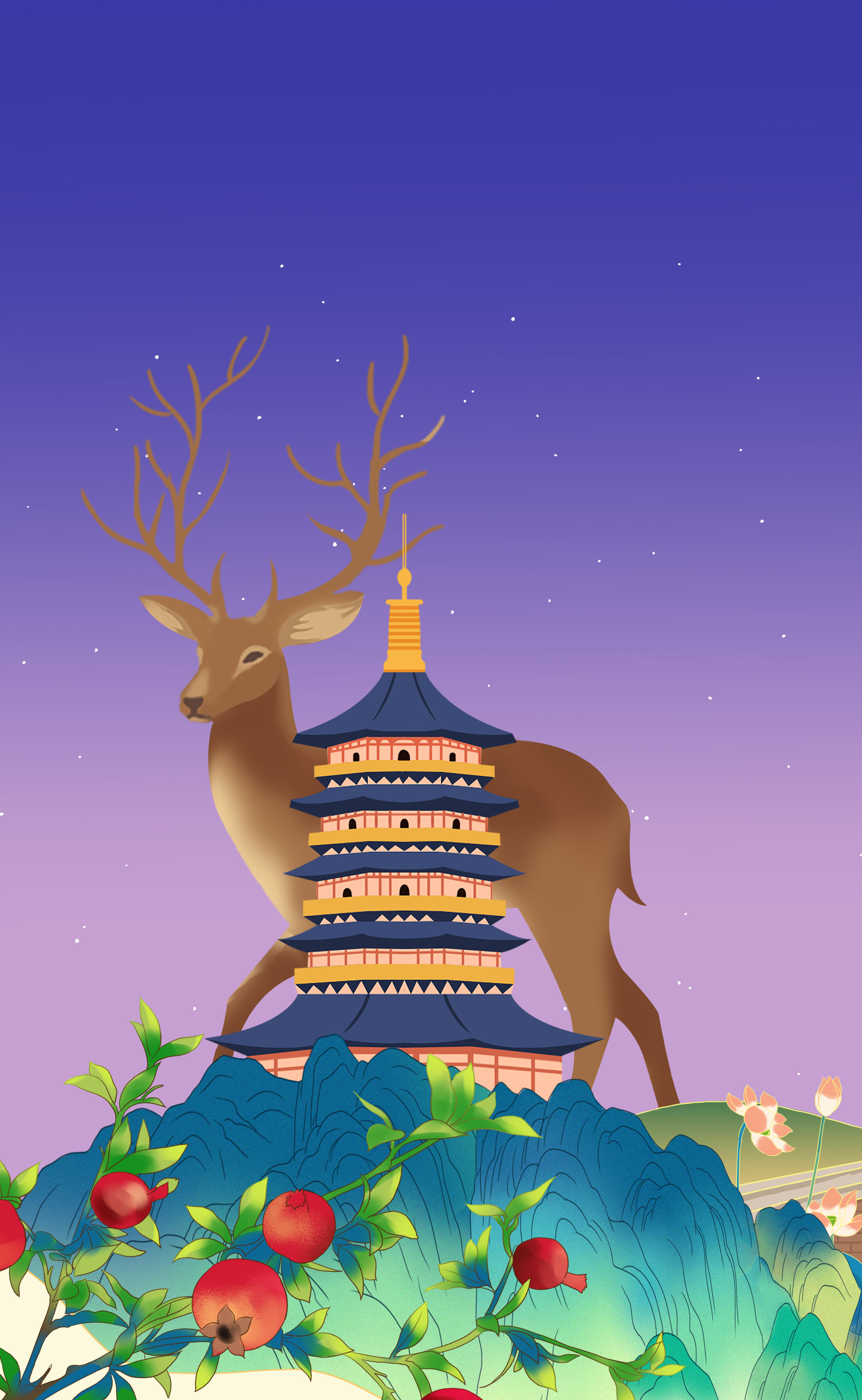 中国风新中式国潮山水画杭州西湖雷锋塔夜景石榴鹿风景插画