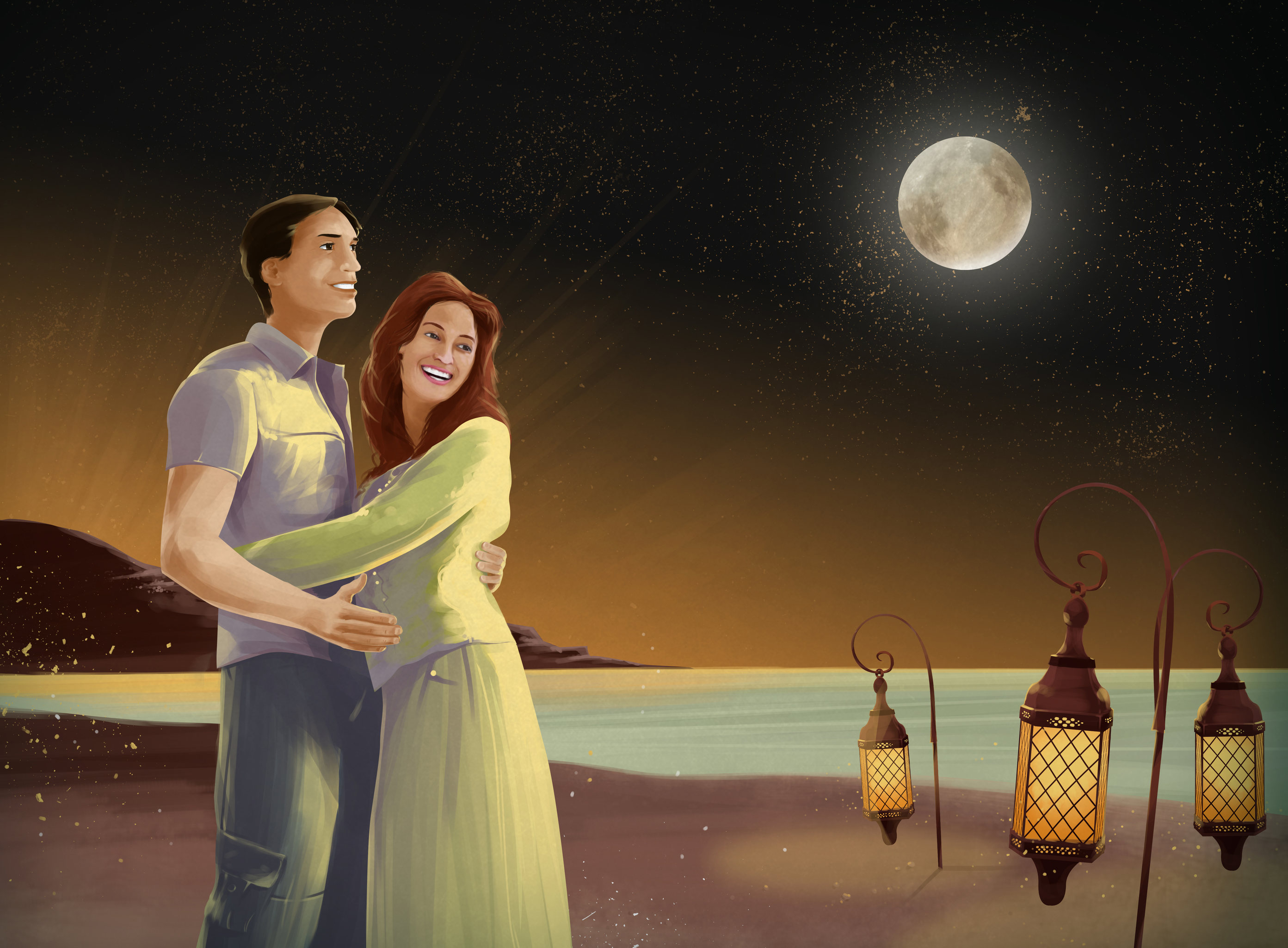 一对夫妻在沙滩上拥抱