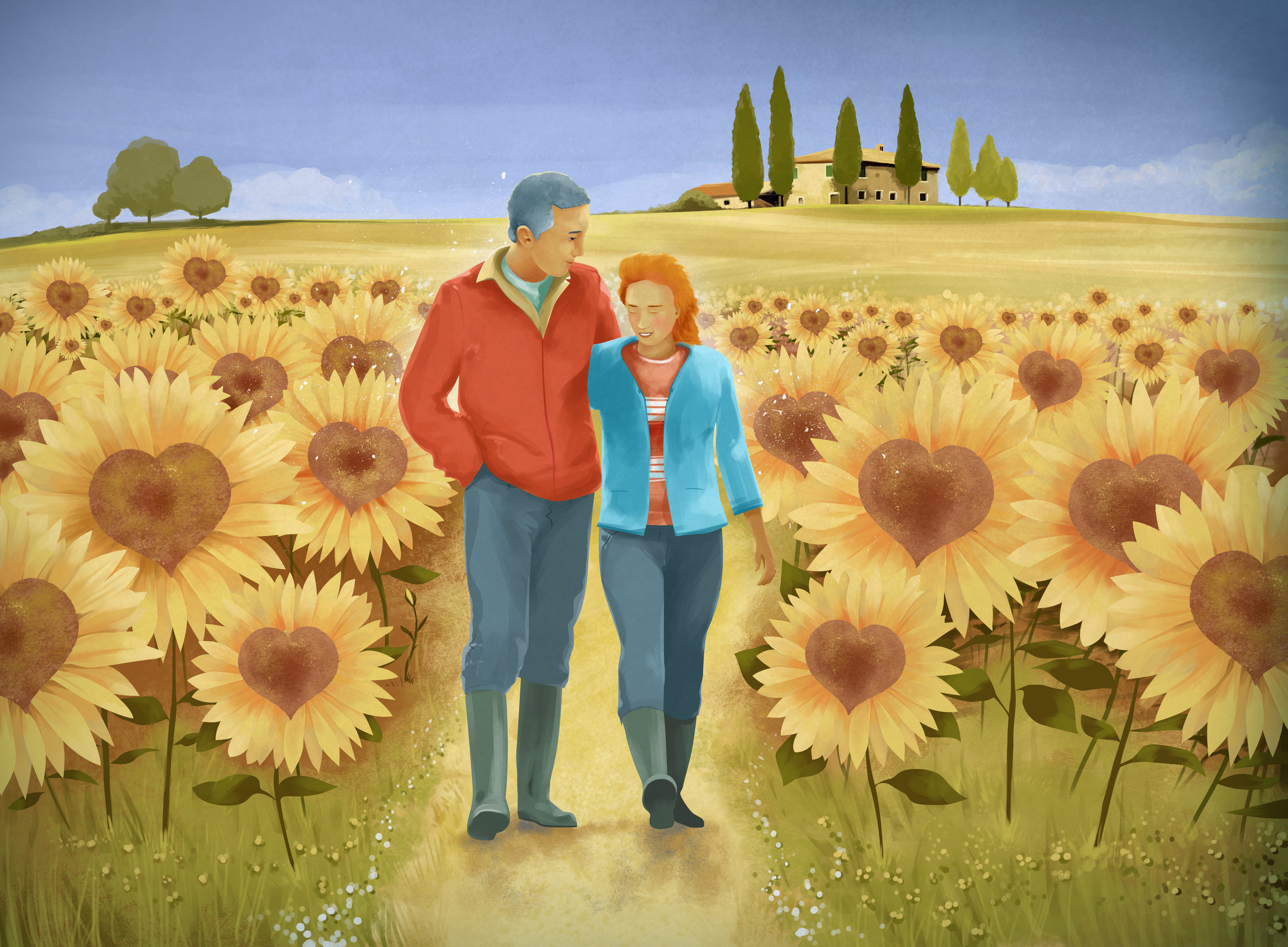 一对夫妻在太阳花田