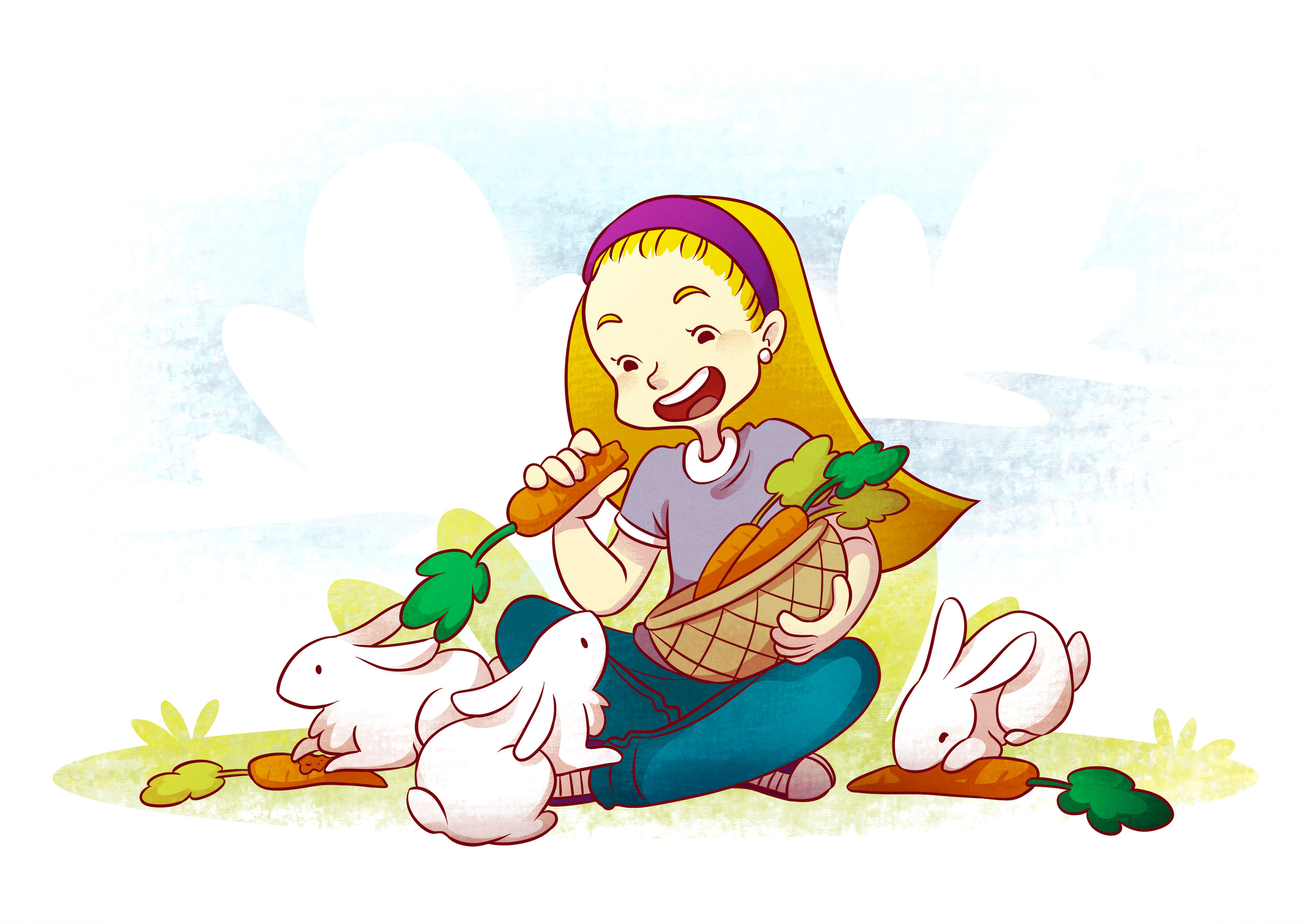 女孩正在喂兔子吃红萝卜