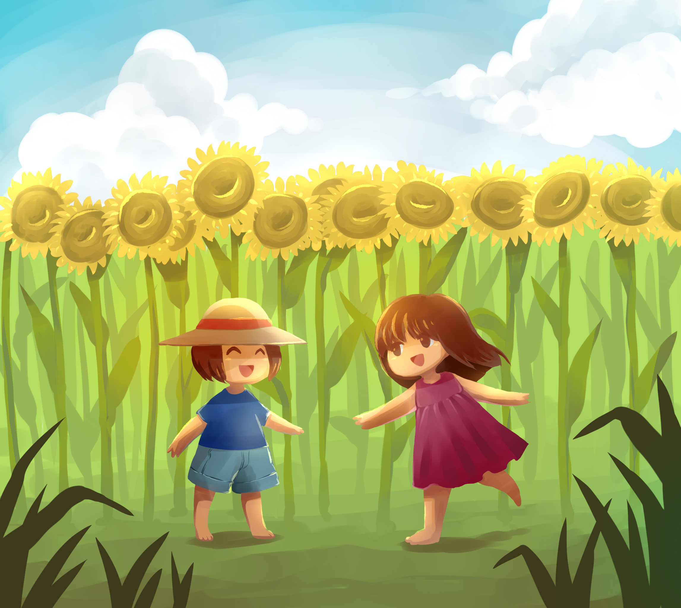 两个小孩在花丛里玩耍