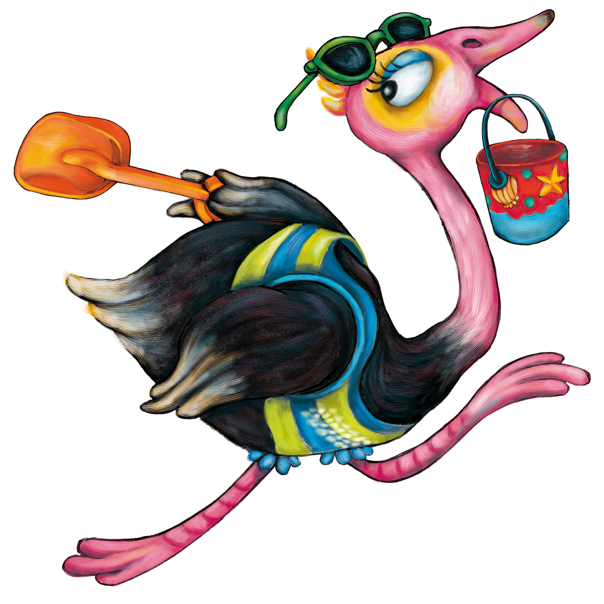 鸵鸟拿着铲子和桶子