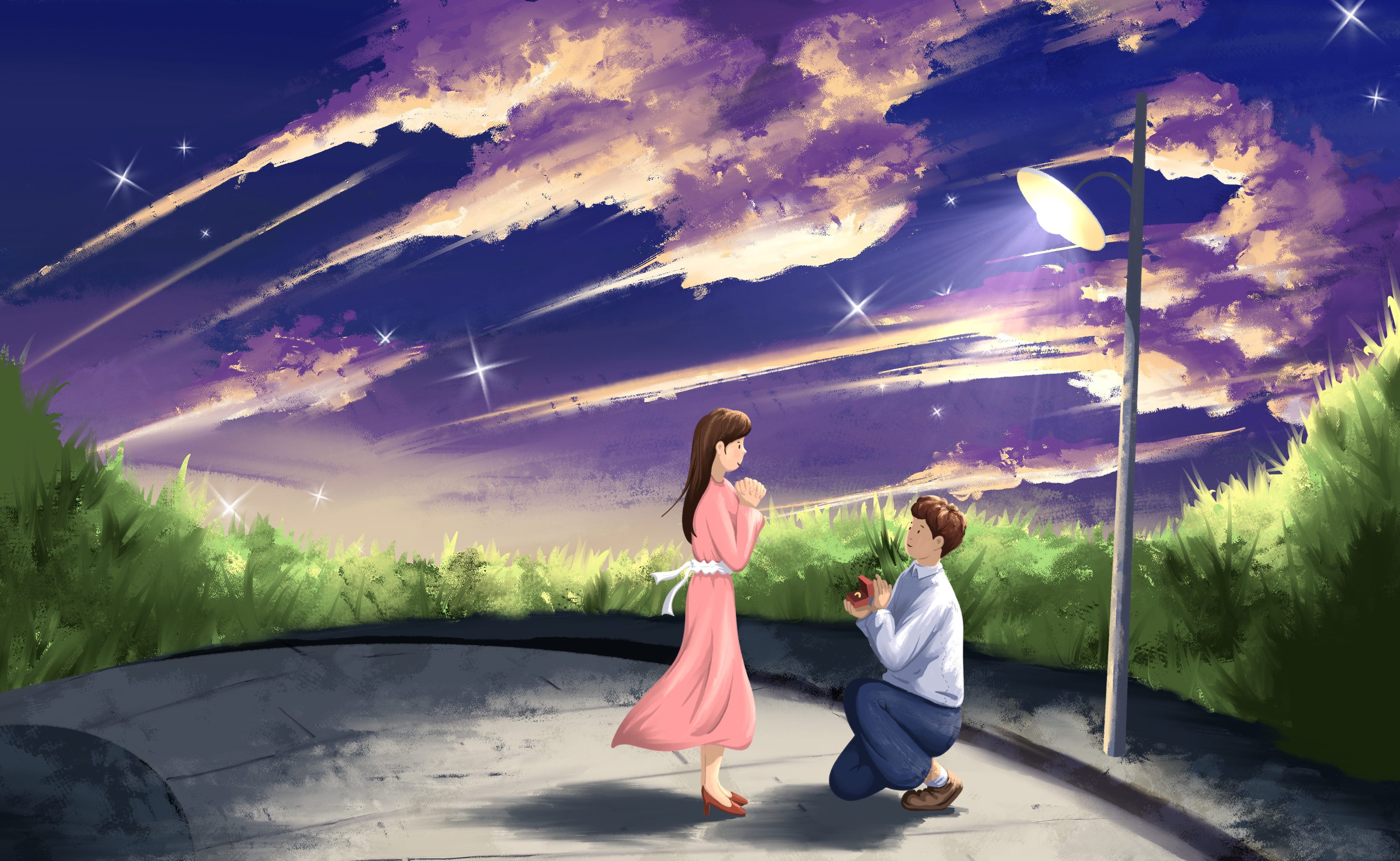 晚霞云彩下求婚的情侣节日插画 - 粘锅 - 原创作品 - 视觉中国(爱视觉
