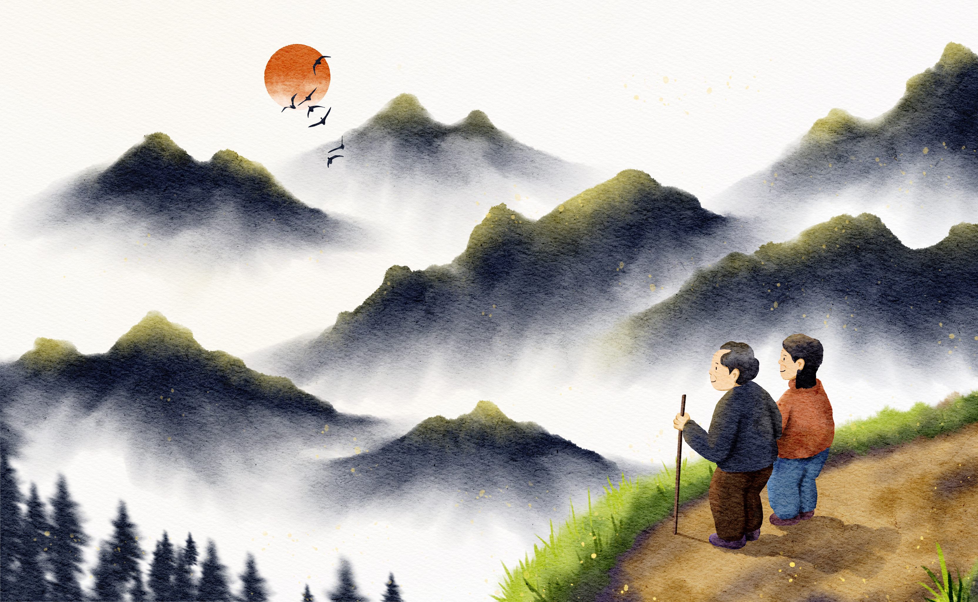 重阳节登高插画