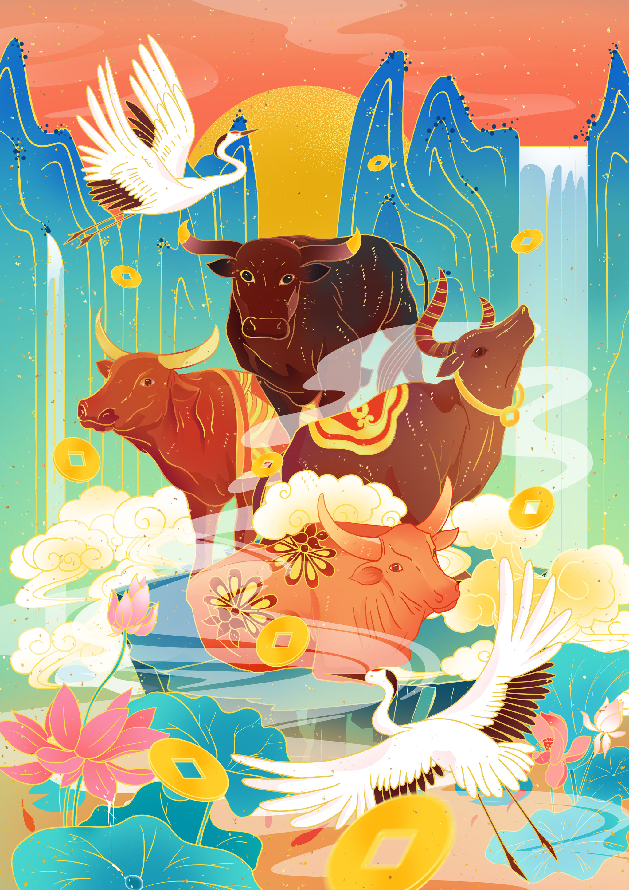 春节牛年中国风插画