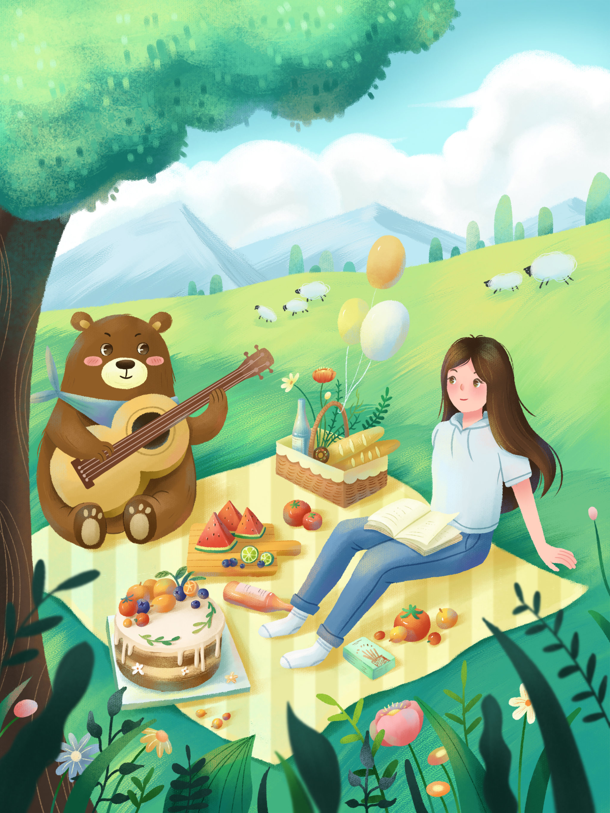 女孩与熊户外野餐