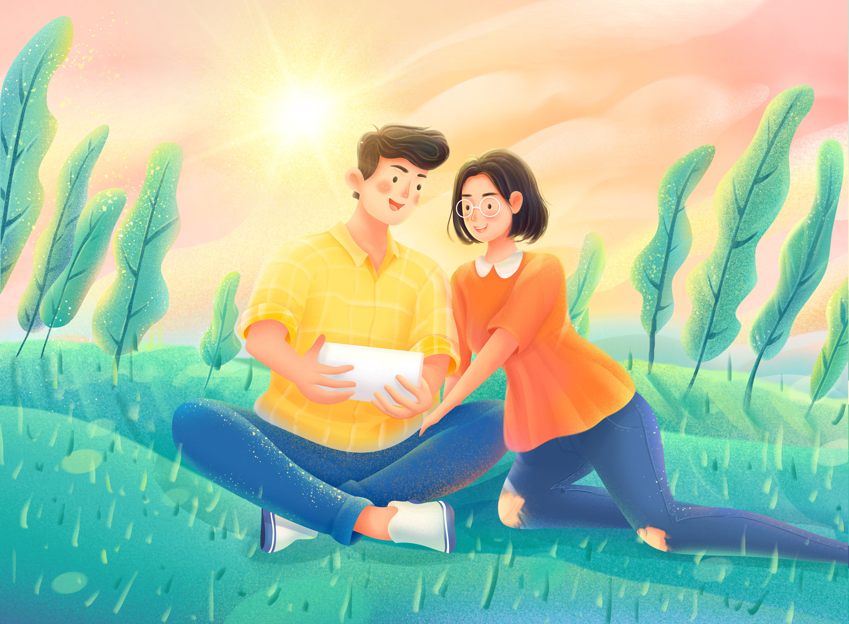 情侣坐在草地上一起看手机