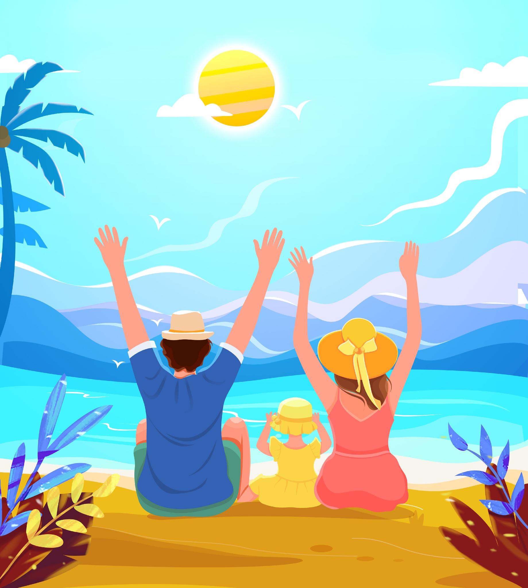 一家三口坐在海边度假