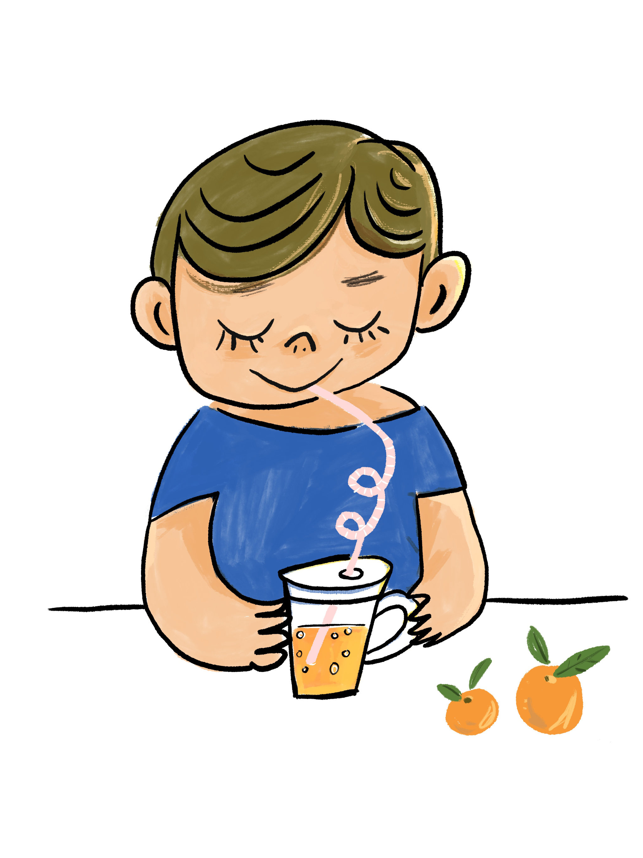 喝橙汁饮料的小男孩插图