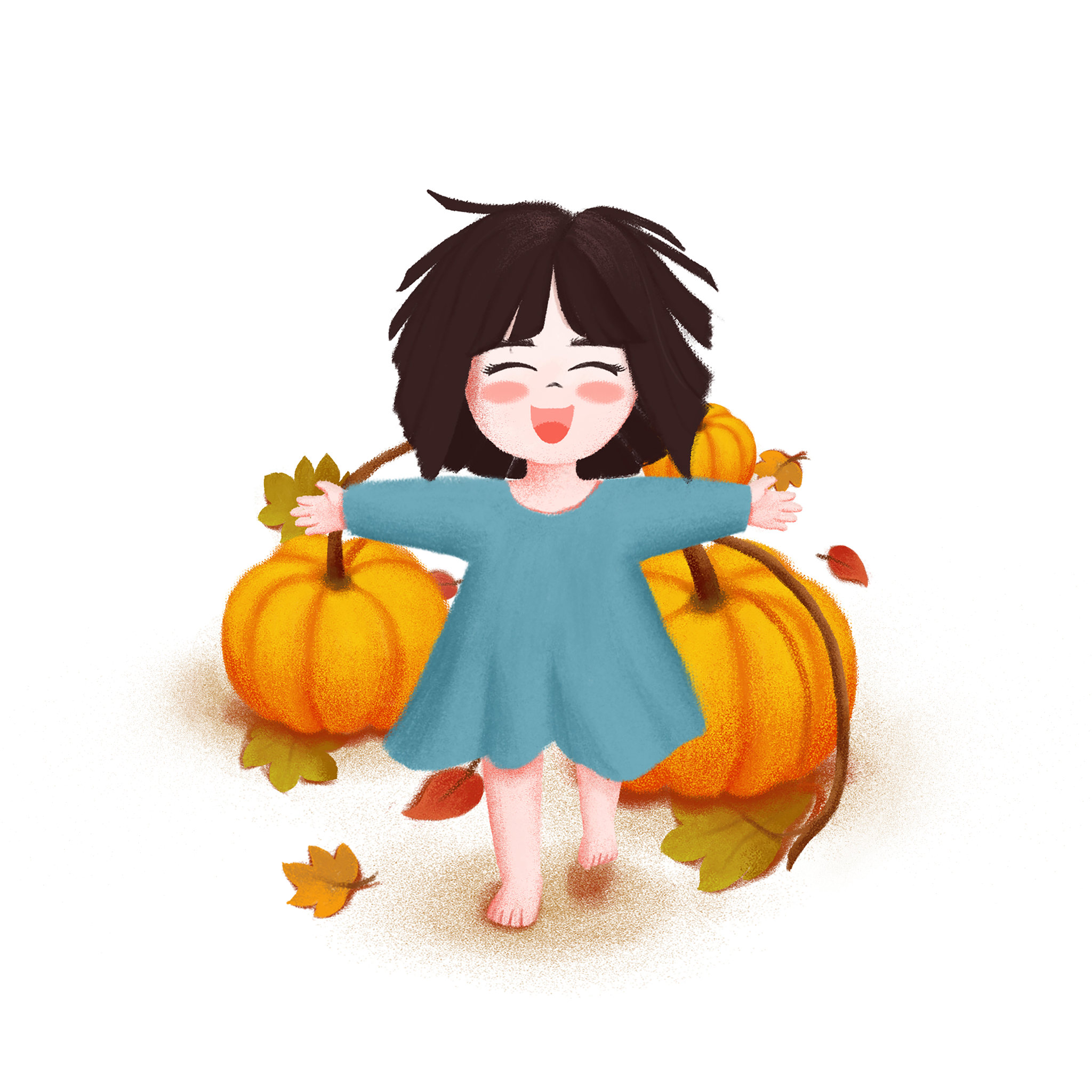 秋天赤脚奔跑在南瓜地里的小姑娘