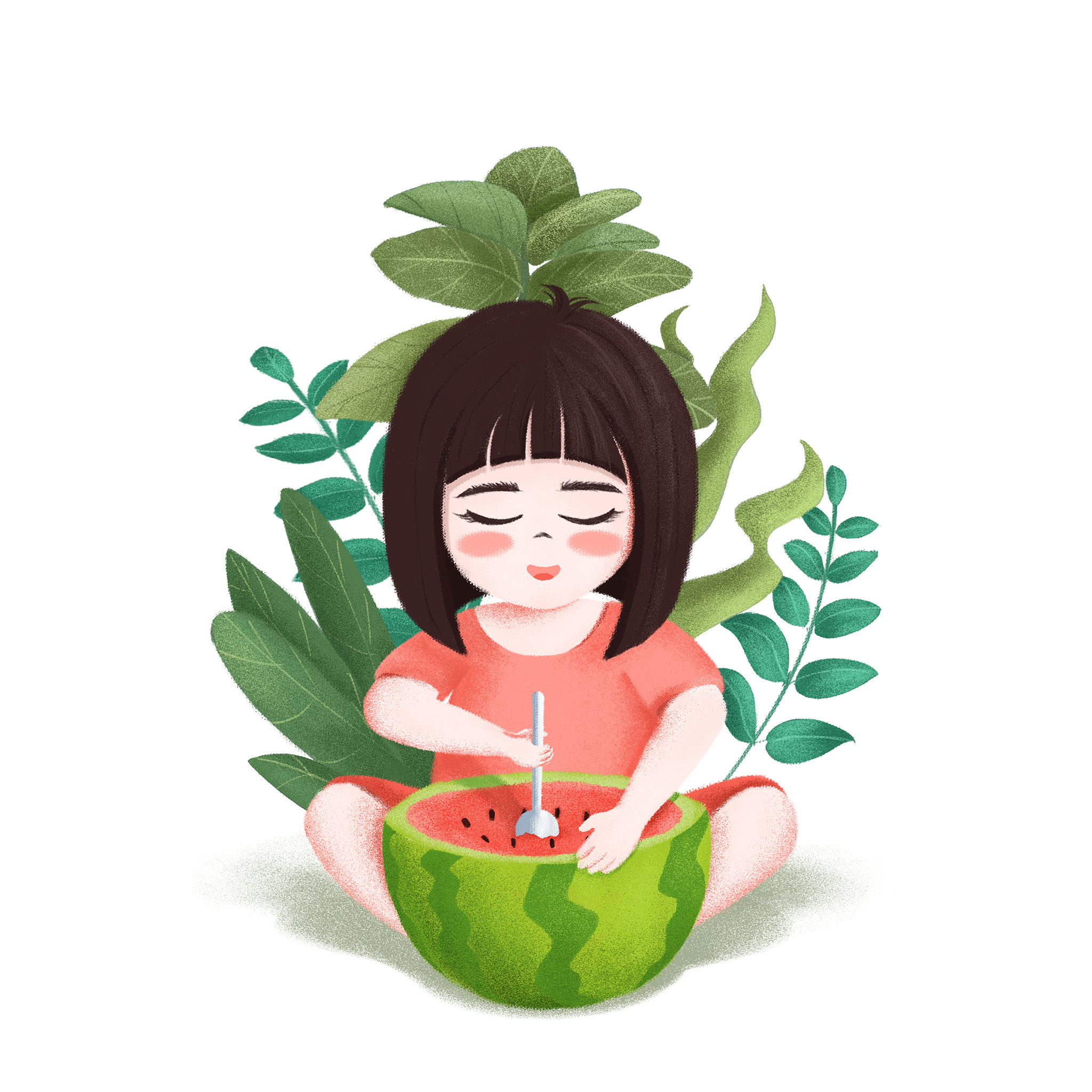 夏天吃西瓜的小姑娘