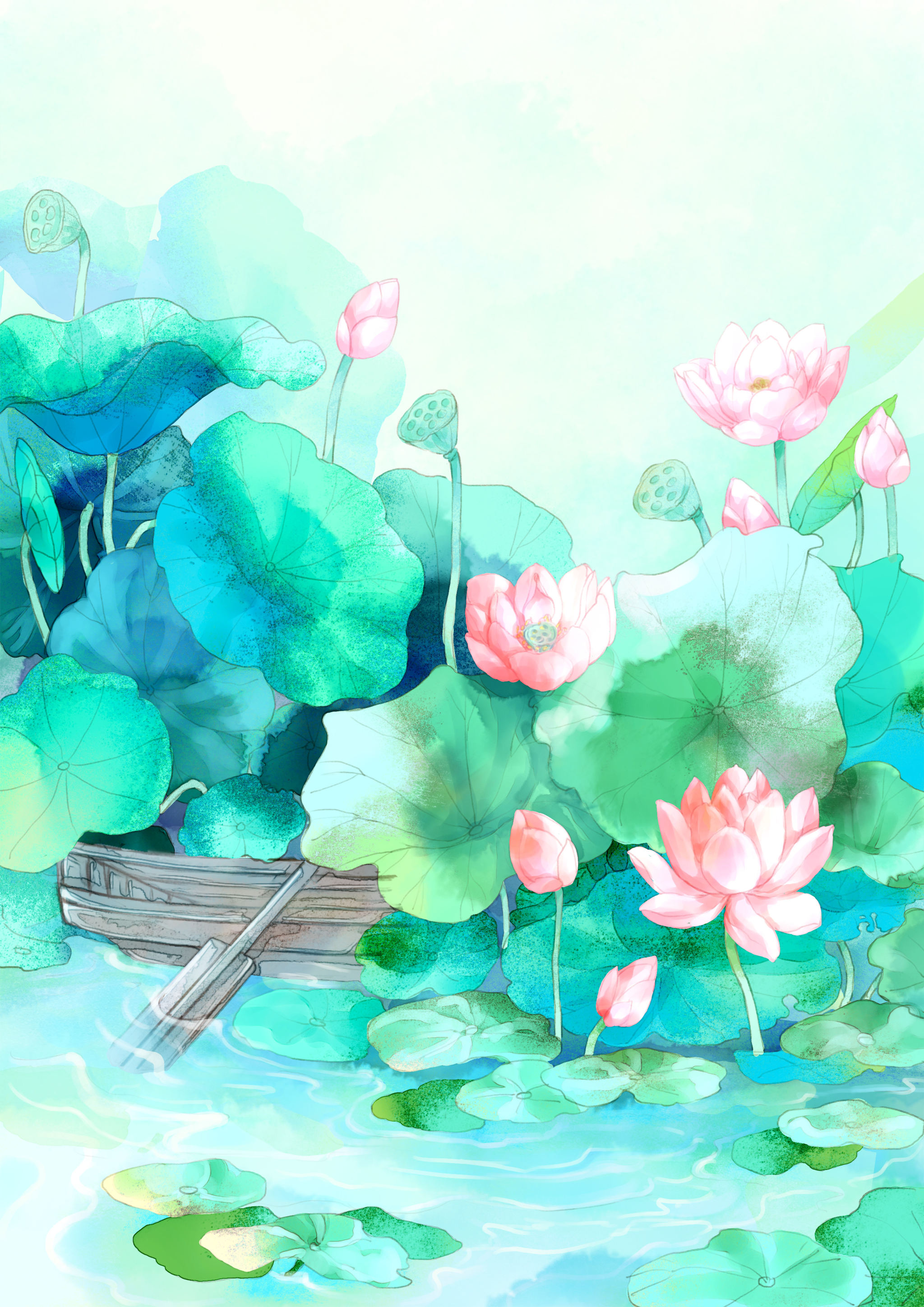 夏日清新荷花场景插画