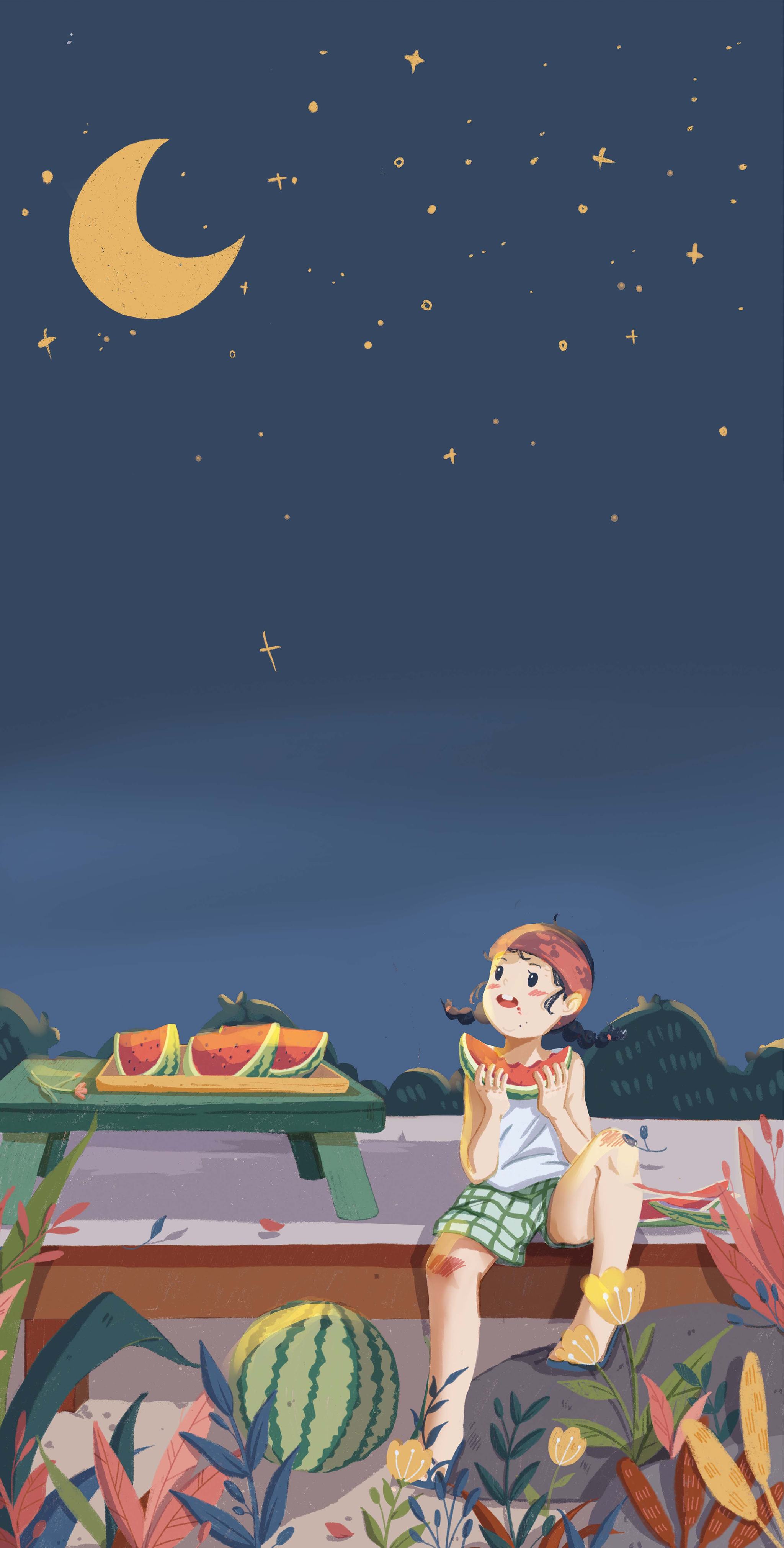星空下吃西瓜的小女孩
