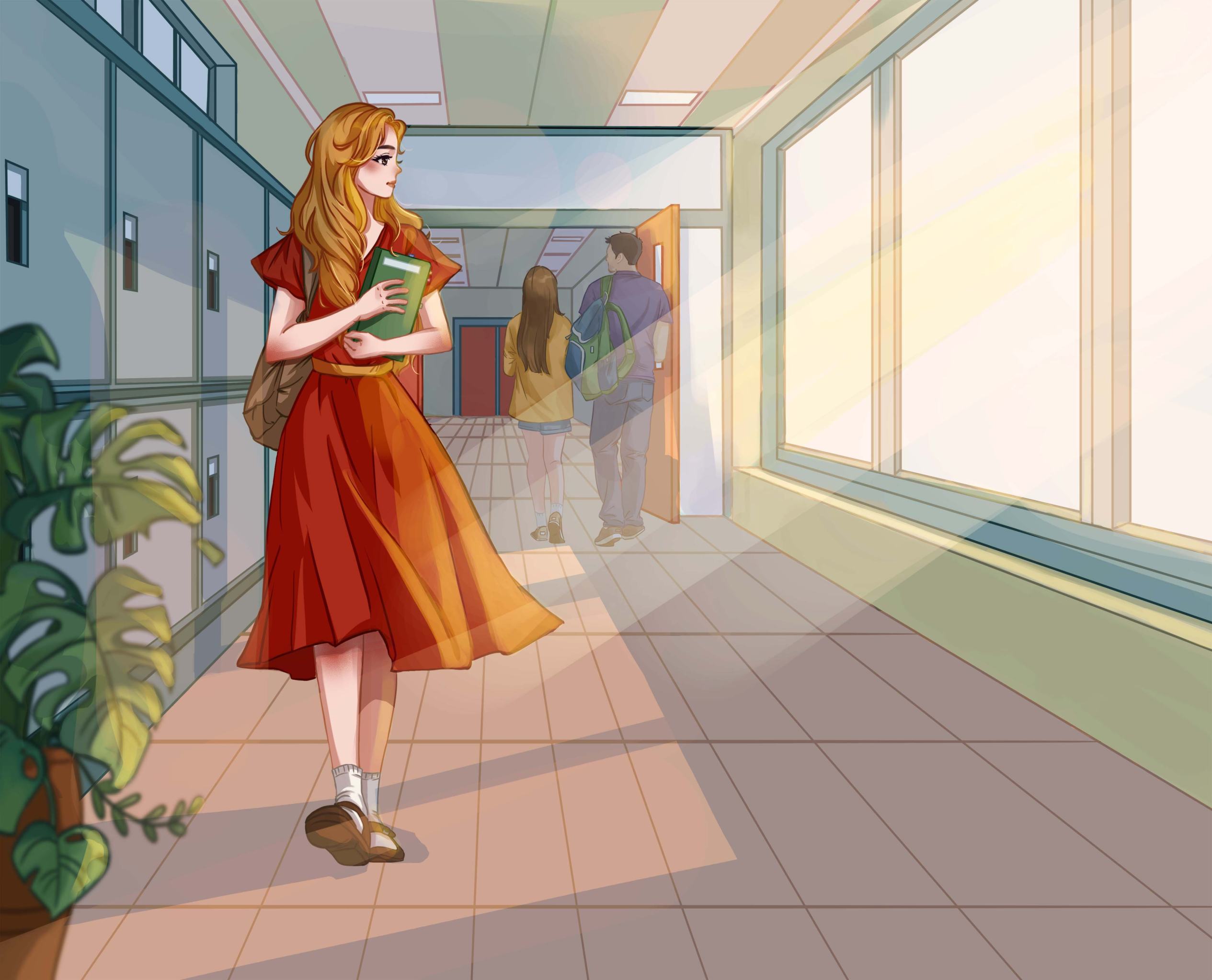 走在学校走廊上