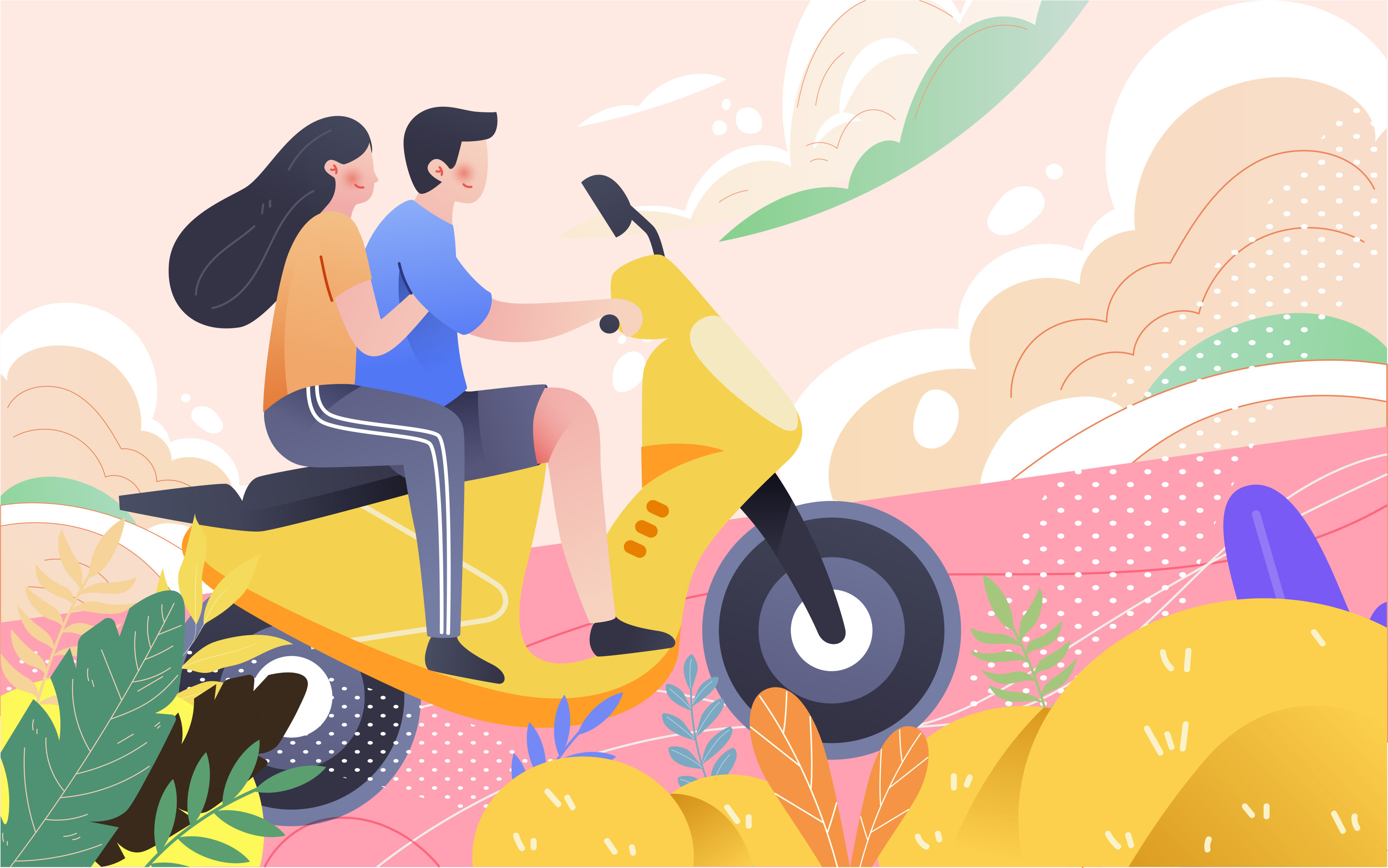 情人节海报节日情侣骑车约会七夕爱情插画