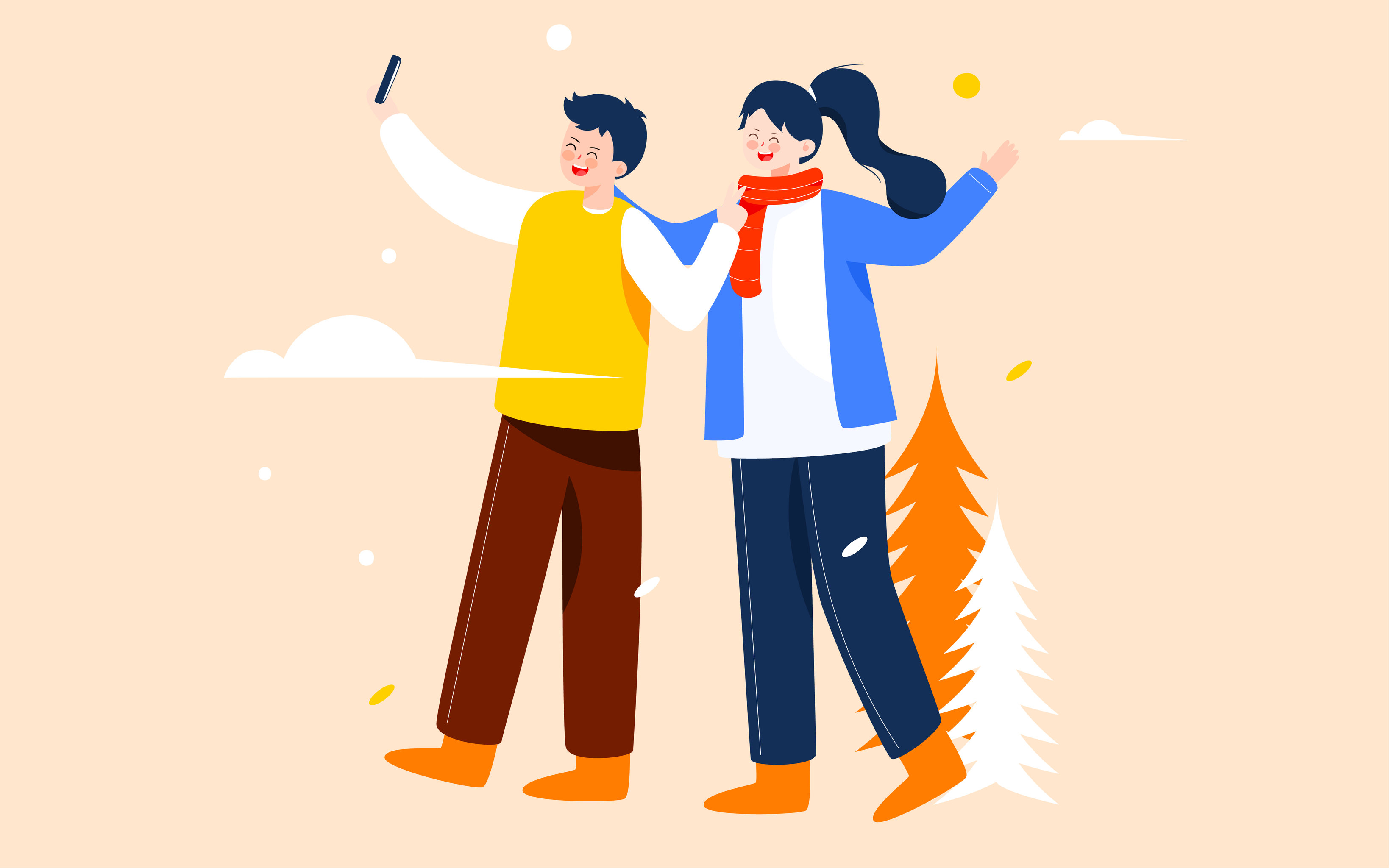 秋游情侣插画秋天人物户外活动拍照旅游海报