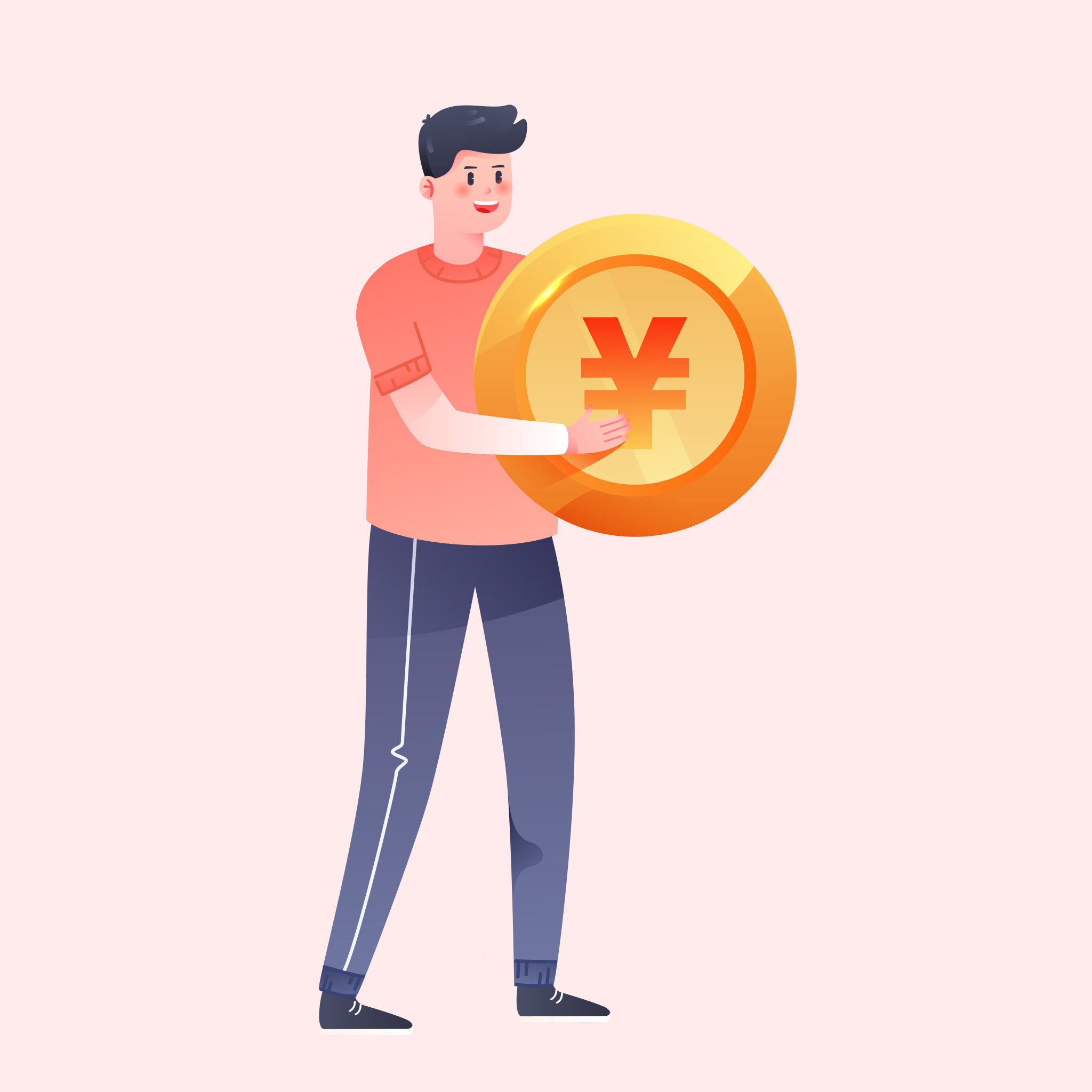 卡通金融人物抱着金币上涨矢量概念插画背景