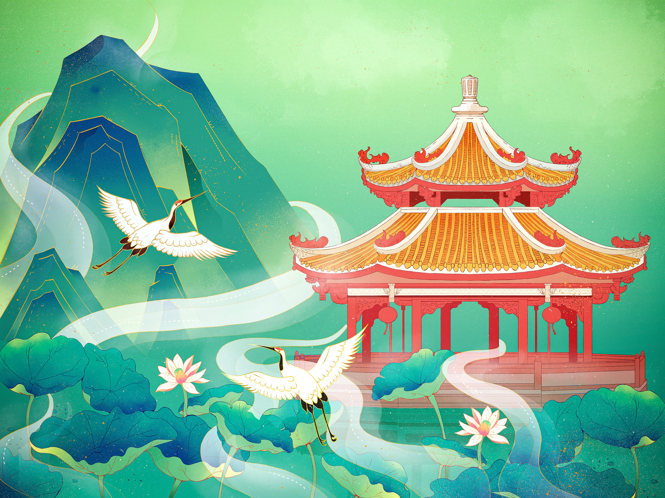 潮州西湖公园湖心亭建筑清新中国风国潮插画