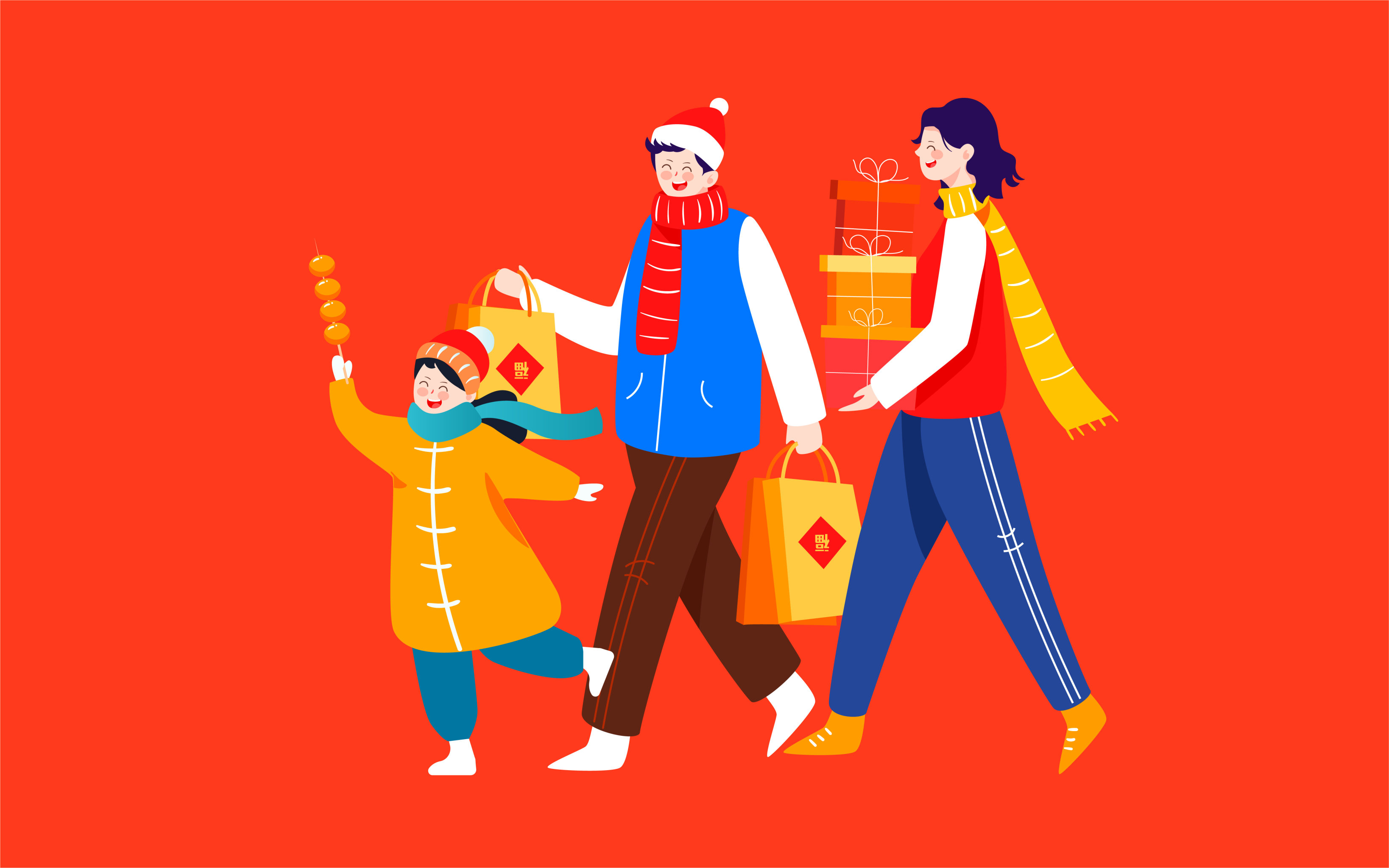 回家过年一家人春节拜年插画中国风新年海报