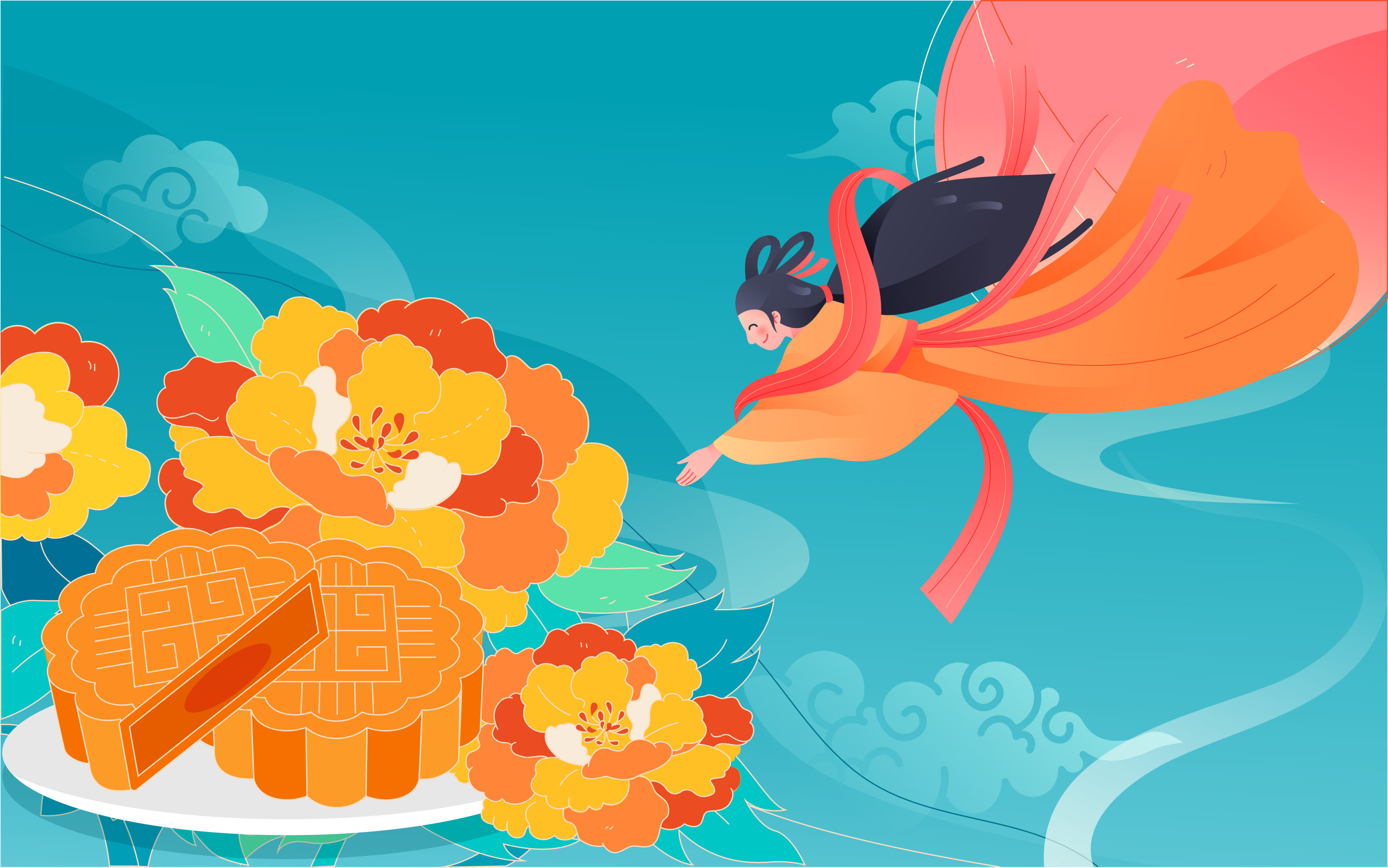 中秋佳节海报中国传统节日嫦娥奔月团圆插画