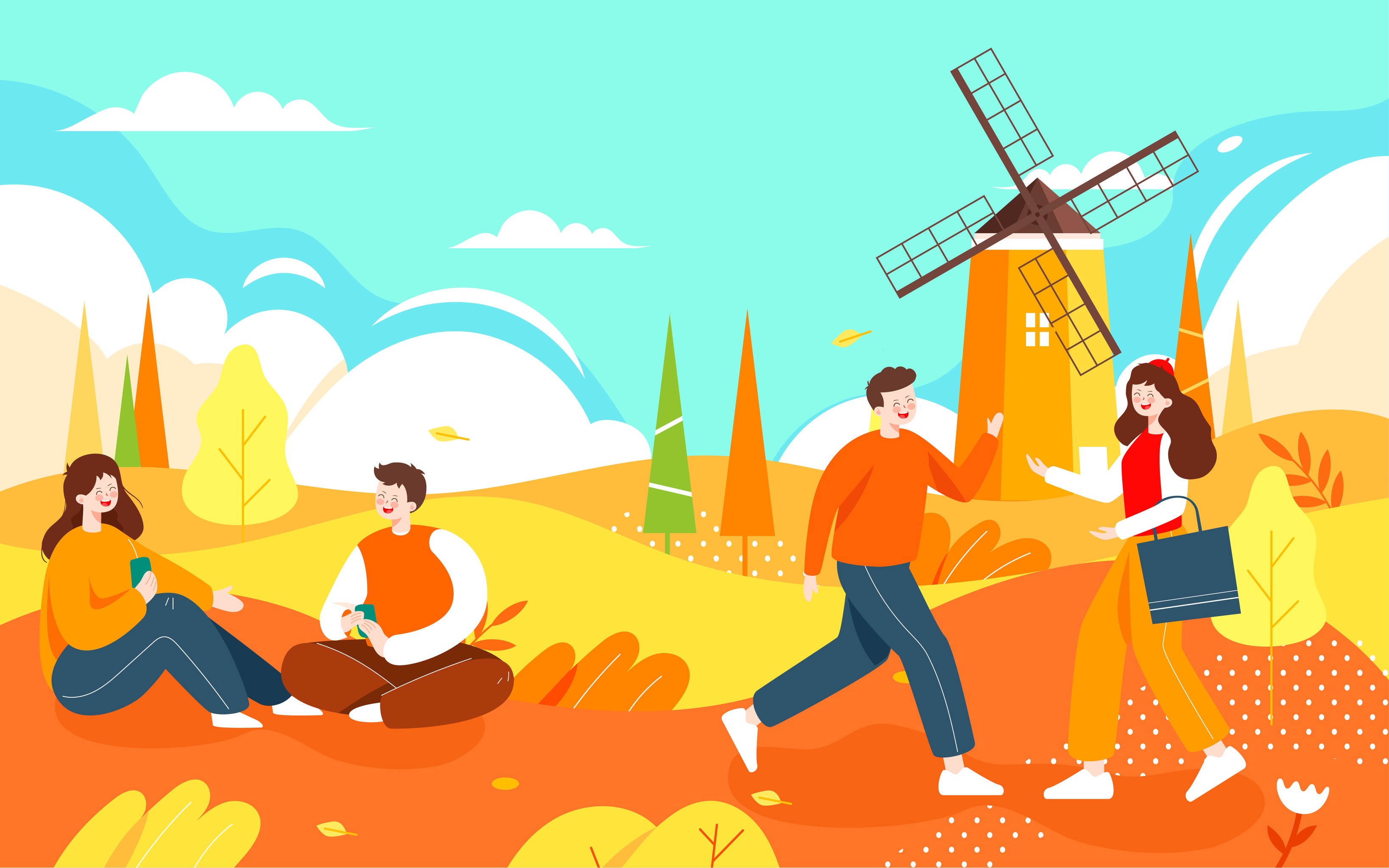 秋季人物户外活动插画秋天好友出行秋游海报